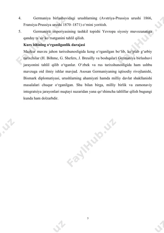 ning bosh sababi qishloq xo`jaligida feodal munosabatlarni tugallanganligi edi. 1850 yil 2 martda prussiyada dehqonlarni feodal majburiyatlardan to`lov asosida ozod qilish to`g`risida farmoyish chiqdi. 50-yillarda germaniyaning vyurtemberg, baden, gessen, saksoniya kabi bir qator davlatlarida ham agrar islohotlar o`tkazildi. 1834 yilda prussiya pariamenti uchun bo`lgan saylovlarda liberallar g`alaba qildi. libcrallarning barcha oqimlari germaniyani birlashtirish uchun kurashdilar. bu davrda germaniyani birlashtirishning ikki yo`h mavjud bo`lib. biri "quyidan`" -xalq ommasining knyazlik sulolalarining hukmronliklariga qarshi inqilobiy kurashi asosida birlashtirish bo`lsa, ikkinchisi germaniya davlatlarini avstriya yoki prussiya boshchiligida -"yuqoridan" birlashtirish edi. keyingisi sulolalararo urushiar diplomatik muzokaralar va kompromisslar asosida amalga oshirilar edi. 1859 yil xalqaro siyosiy inqiroz yuz berdi. itatiya shimolini. gabsburglar hukmronligidan ozod etish uchun avstriyaga qarshi fransiya va p`emont urush boshladi. fransiya tomonidan reynning so`l qirg`oqlaridagi german yerlarini bosib olish xavfi tug`ildi, chunki napoleon iii mazkur hududni fransiyaning qonuniy mulki, deb bilar edi. germaniyaning mustaqilligi va uni birlashtirish istiqboltari xavf ostida qoldi, urush …