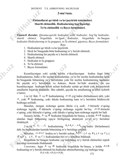 ehtimollar nazariyasi: qo‘shish, ko‘paytirish va shartli ehtimollar — DOCX