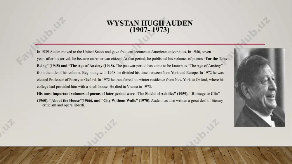 english poets of the 20th century. he was born in st. louis, missouri, usa, where his grandfather had founded washington university. eliot received his first university training at harvard; later he studied philosophy at the sorbonne in paris, and oxford. settled in london in 1914. first drafts of some of his best early poems, like “the love song of j. alfred prufrock”, were written while eliot was still at harvard, but the style and tone were so new that he did not manage to get anything published till 1915. his first volume of poems, “prufrock and other observations” was published in 1917, but it didn’t attract wide attention. at that time eliot was working in a bank and also reviewing for “the times literary supplement” and for some little magazines. his first volume of criticism, “the sacred wood” (1920), became suddenly influential and his poem, ”the waste land” (1922), made …