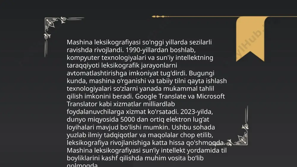 angilash uchun katta hajmdagi til ma'lumotlari tahlil qilinadi. shu orqali zamonaviy til o'zgarishlari kuzatilib, tilshunoslik tadqiqotlariga zamin yaratadi. an'anaviy va mashina leksikografiyasi to'ychiyeva maftuna e'tiboringiz uchun rahmat! image1.png image2.png image3.jpg /docprops/thumbnail.jpeg