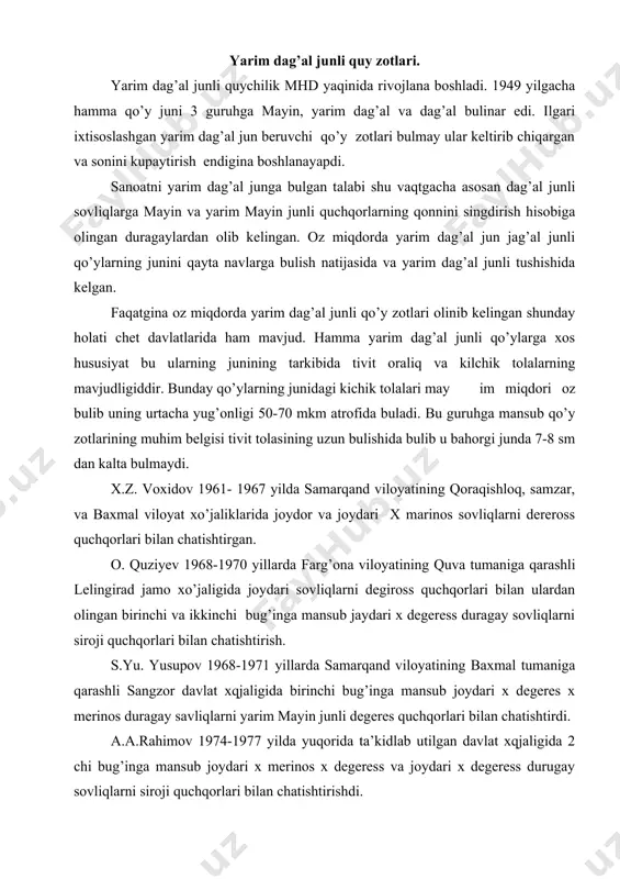 himov 1974-1977 yilda yuqorida ta’kidlab utilgan davlat xqjaligida 2 chi bug’inga mansub joydari x merinos x degeress va joydari x degeress durugay sovliqlarni siroji quchqorlari bilan chatishtirishdi. sh. kamolov 1974-1979 yillarda qaraqolpog’iston muhtor jumhuriyatining qung’irot tumaniga qarashli ustiyurt davlat xo’jaligida joydari x siroji x tojiki murakab bug’inli duragay sovliqlarni huddi shunday bug’inli quchqorlar bilan uch ichida chatishtirdi. bu yo’nalishda olib borilgan ishlarning mahsuldor va ayni kerakli ekanligi aniqdir. yarim dag’al jun gilam tayyorlashda sun’iy muyna va odeal tayyorlashda keng qullaniladi. ularning eng yaxshi navlaridan kampol mahsulotlari uchun iplar shu jumladan sheaiot baston va boshqa shu kabi qator matolar tayyorlanadi. shuning uchun ham keyingi yillarda yarim dag’al junning bahosi ham mayin junning bahosi darajasiga kutarilgan. hozirgi vaqtdagi halq xo’jaoigining yarim dag’al juniga bulgan talabi mamlakatimizga yaqin va o’rta sharqdan keltirilayotgan bu turdagi junlar hisobiga kondirilayapdi. siroji zoti-dumbali qo’y bulib u gusht va jun mahsuldorligini yaxshi beradi. janubiy-sharqiy turkmanistonning chul sharoitiga aniq …