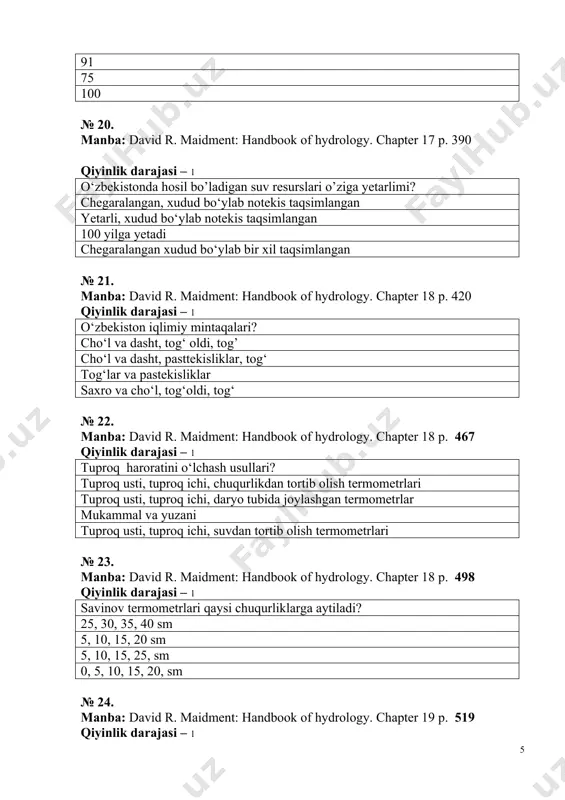 of hydrology. chapter 19 p. 613 qiyinlik darajasi – 1 o‘lkamizda eng issiq oylar qaysi? iyul,avgust iyun, iyul iyun, avgust iyun № 29. manba: david r. maidment: handbook of hydrology. chapter 19 p. 657 qiyinlik darajasi – 1 bulutlar asosan qaysi qatlamda uchraydi? troposfera ionosfera strotosfera mezosfera № 30. manba: david r. maidment: handbook of hydrology. chapter 19 p. 671 qiyinlik darajasi – 1 yer yuzidan hisoblaganda stratosfera qaysi qatlamdan keyin keladi? troposfera ionosfera egzosfera termosfera № 31. manba: david r. maidment: handbook of hydrology. chapter 19 p. 713 qiyinlik darajasi – 2 jahon meteorologiya tashkilotiga qachon asos solingan? 23 mart 1950 yil 1 yanvar 1953 yil 1 yanvar 1973 yil 1 yanvar 1963 yil № 32. manba: david r. maidment: handbook of hydrology. chapter 2 p. 76 qiyinlik darajasi – 2 o‘zbekistonda neta meteorologik stansiya mavjud? 80 91 75 100 № 33. manba: david r. maidment: handbook of hydrology. …