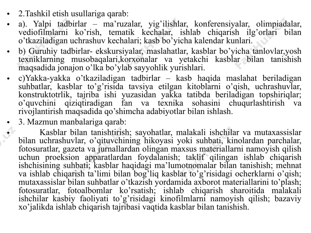 mavjud kasblarning qisqacha tavsiflari bo’lgan to’plamlar; “mehnat yo’lini tanlash”, “mening kasbim –eng yaxshi kasb” mavzusidagi videofilmlar; reklama qilinadigan television filmlar, sexlar, o’quv yurtlaridan olingan television reportajlar; kasblar va musobaqaga ilg’orlari to’g’risida radioeshittirishlar, kasb-hunar maktablarida, yoshlarning turmush va o’qishi haqida hikoya qiluychi respublikamiz va mahalliy gazetalarda bosilgan maqolalar; shahar kinoteatrlari faelarida, supermarketlarning vitrinalarida, katta ko’chalarning chorrahalarida ishchi kasblarning targ’ib qiluvchi bannerlar va ko’rgazmalar; ko’chalar va maydonlardagi yoshlarni kasb-hunar maktablariga o’qishga kirishga da’vat etuvchi yorqin bo’yoqli chaqiriqlar. maktab kasb-hunarga yo’naltirish ishi tizimini tarkib toptirish hali nihoyasiga yetkazilgani yo’q. kasb-hunarga yo’naltirish tizimi tarkibiy tuzilishi kasb-hunarga yo’naltirish maqsad va vazifalarni;maktab ta’limi bosqichlari bo’yicha uning mazmunini; bazaviy korxonalar, ota-onalar jamoatchiligi ishtirokida kasb-hunarga yo’naltirish ishining yo’nalishlari; kasb-hunarga yo’naltirish tadbirlarini amalga oshirish shakllari, metodlari va vositalarini; muayyan ishchi kasblari kasblari bo’yicha unumli mehnatda maktab yoshlari ishtirokining aniq yo’llarini o’z ichiga olishi lozim. umumta’lim maktablarida o’quvchilarni kasb-hunarga yo’naltirishni rivojlantirish quyidagicha bosqichma-bosqich amalga oshiriladi, bular: 1.xalq xo’jaligi tarmoqlari bilan …