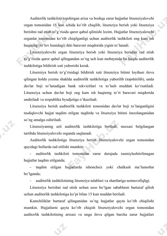 izasi va unga ilova qilgan barcha zarur hujjatlari olingan kundan boshlab 10 kun mobaynida amalga oshiriladi. hujjatlarni qayta ko’rib chiqish uchun yig’im undirilmaydi. auditorlik tashkiloti litsenziyaning amal qilish muddati tugashidan ikki oy oldin litsenziyalovchi organga litsenziyaning amal qilish muddatini uzaytirish to’g’risida ariza taqdim etadi. arizaga quyidagi hujjatlar ilova qilinishi lozim: -ta’sis hujjatlarining notarial idora tomonidan tasdiqlangan nusxalari (litsenziyaning amal qilish muddatini uzaytirish to’g’risida ariza berilgan sanada ularga o’zgartirishlar kiritilgan taqdirda); -auditorlik tashkiloti tarkibidagi auditorlik tekshiruvlarini amalga oshiruvchi auditorlar to’g’risidagi ma’lumotlar; -moliyaviy holati to’g’risida belgilangan shakldagi ma’lumotnoma; -arizani qayta ko’rib chiqish uchun yigim to’langanligini tasdiqlovchi hujjat; auditorlik tashkiloti tomonidan litsenziya bitimining talablari va shartlariga rioya qilinganda litsenziyaning amal qilish muddatini uzaytirish oldingi berilgan litsenziya blankasiga maxsus belgi qo’yish yo’li bilan amalga oshiriladi. agar litsenziyaning amal qilishi ariza berilgan sanada yoki ariza ko’rib chiqilayotgan davrda qonun hujjatlariga muvofiq to’xtatib qo’yilgan bo’lsa, litsenziyaning amal qilish muddati uzaytirilmaydi. auditorlik tashkiloti qayta tuzilgan, uning nomi …