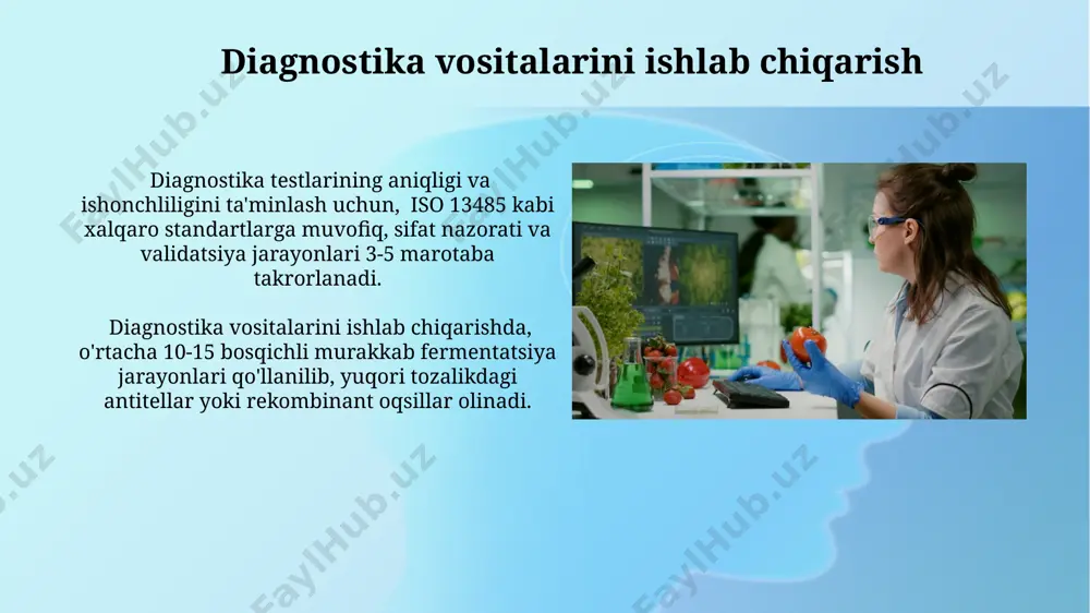 va karbonat angidrid gazlaridan iborat. biodizel ishlab chiqarishda yog'li urug'lardan olingan yog'larning 90% gacha transesterifikatsiya jarayoni orqali biodizelga aylantiriladi, bu esa metil efirlari hosil bo'lishiga olib keladi. hujayra madaniyati va to'qima muhandisligi hujayra madaniyati bioreaktorlarda 10⁶ dan 10⁹ gacha hujayralarni ko'paytirish va biofarmatsevtika mahsulotlarini ishlab chiqarish uchun keng qo'llaniladi. to'qima muhandisligi yordamida 3d bioprinterlardan foydalanib, murakkab to'qimalarni va organoidlarni yaratish mumkin bo'lib, regenerativ tibbiyotda katta imkoniyatlar ochib beradi. fermentatsiya jarayonlari va bioreaktorlar bioreaktorlarda fermentatsiya jarayonlarining samaradorligi substrat konsentratsiyasi, harorat va ph kabi omillarga bog'liq bo'lib, optimal sharoitlarda 90% dan yuqori hosil olish mumkin. fermentatsiya jarayonida hosil bo'ladigan metabolitlarni ajratib olish uchun sentrifugasiya, filtrlash va xromatografiya kabi 3 ta asosiy usul qo'llaniladi, bu jarayonlarning samaradorligi 85-95% ni tashkil etadi. atrof-muhitni muhofaza qilishda biotexnologiya biogaz ishlab chiqarishda organik chiqindilarni qayta ishlash orqali 60-75% gacha metan gazini olish mumkin, bu esa karbon emissiyasini 20% ga kamaytiradi. bioremediasiya jarayonlari orqali ifloslangan suv havzalarini tozalashda …