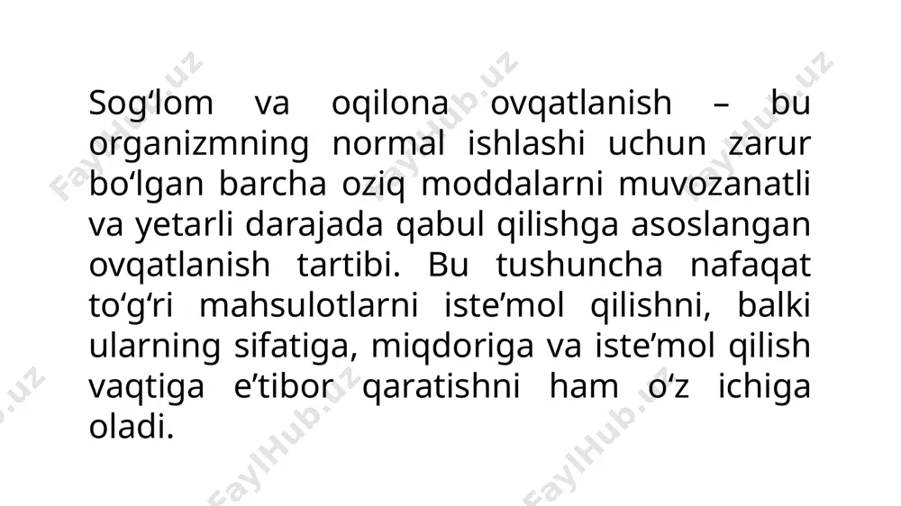 hga qaytish. xulosa ovqatlanish xulq-atvorini o‘zgartirish sabr va intizom talab qiladi. o‘zingizga mos keladigan sog‘lom odatlarni shakllantirib, ularni muntazam bajarish orqali yanada energiyali, sog‘lom va faol hayot kechirish mumkin. boshlash uchun eng yaxshi vaqt – hozir! etiboringiz uchun rahmat image1.png image2.png /docprops/thumbnail.jpeg