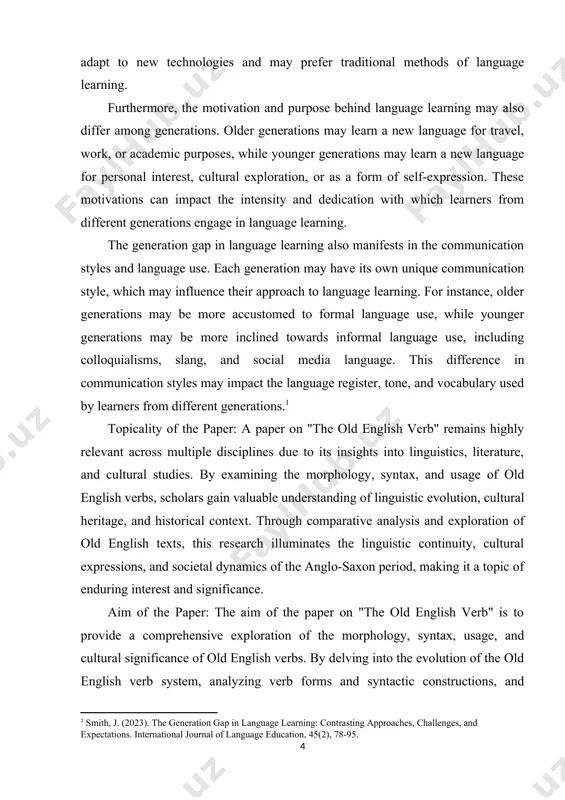 placement, word order, and syntactic constructions to uncover how verbs were employed to convey meaning, structure sentences, and organize discourse in old english texts. investigate semantic changes in old english verbs over time, examining shifts in meaning, usage, and connotations. this task involves tracing the evolution of verb meanings and exploring the cultural, social, and linguistic factors that influenced semantic changes in old english verbs. main research methods: corpus linguistics: analyzing large collections of old english texts to identify patterns and distributions of verb forms and usages. comparative historical linguistics: comparing old english with related languages to trace language evolution and identify linguistic changes in verb morphology and syntax. textual analysis: close examination of individual old english texts to uncover thematic motifs, narrative techniques, and stylistic conventions employed by authors in their use of verbs. theoretical value of the course paper: this course paper lies in its exploration of linguistic …
