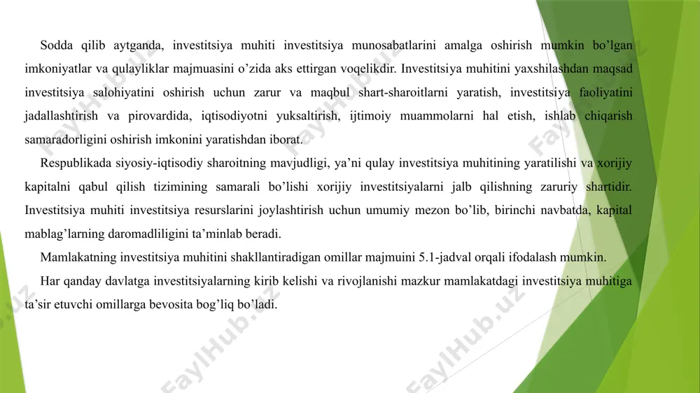nadigan 15 ta muhim ko’rsatkichni hisobga oladigan «beri» (business environment risk index)ni qo’llaydi. shu nomdagi firma tomonidan ishlab chiqilgan. jahon amaliyotida mamlakatning investitsiya muhitini baholash borasida turli yondashuvlar mavjud. ushbu yondashuvlar bir-biridan investitsiya muhitini tashkil etuvchi omillarni to’liq yoki qisman qamrab olishi bilan farq qiladi. yuqorida ta’kidlaganimizdek, «standart & poor’s», «moody’s» va «fitch ibca» jahondagi eng yirik reyting agentliklardan hisoblanib, ular emitentning qarz majburiyatlarini ko’rsatilgan muddatda va to’laqonli bajara olish imkoniyatlari va emitentlarning kredit bera olish qobiliyatiga baho beradilar. agentliklar tomonidan ishlab chiqilgan va tuzilgan reytinglar mamlakat investitsiya muhitini ma’lum darajada baholash imkonini beradi. masalan, «standart & poor’s» uslubiyotiga ko’ra, uzoq muddatli reyting eng yuqori «aaa» ko’rsatkichidan eng quyi «d» ko’rsatkich oralig’ida o’zgarib boradi. «aa» dan «ccc» ko’rsatkichigacha bo’lgan oraliq reytingi «musbat» (+) yoki «manfiy» (–) belgilar bilan to’ldirib borilishi mumkin va ular asosiy ko’rsatkichlarga tegishli bo’lgan oraliq ko’rsatkichlar hisoblanadi. qarz majburiyatlarini bajarish sifati reytingning quyidagi ko’rsatkichlari orqali baholanadi: – …