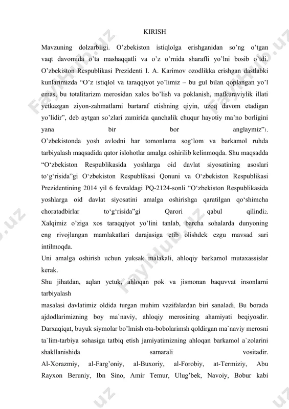 faoliyatlarini o‘rganish; - hadislarning ijtimoiy hayotdagi o‘rni va rolini belgilash; - ijtimoiy masalalarga bag‘ishlangan hadislarni tahlil qilish. kurs ishining tarkibiy tuzilishi. kurs ishi kirish, 3ta bo’lim, xulosa va foydalanilgan adabiyotlar ro‘yxatidan iborat 1. hadislar va ularning ilk manbalari islom dini ta’limoti bo’yicha eng asosiy manba qur’ondir. hadislar ana shu muqaddas asardan keyingi o’rinda turuvchi mo’tabar manbadir. hadislar muhammad payg’ambar hayoti va faoliyati, shuningdek, uning turli sharoitlarda diniy, falsafiy, axloqiy-ta’limiy mavzularda aytgan xilma-xil fikrlari, ko’rsatmalari yoki munosabatlarini aks ettiradi. hadis arabcha so’z bo’lib, uning bir qator ma’nolari bor: 1) yangi, yangi narsa, yangi ro’y bergan voqea; 2) so’z, hikoya, naql, rivoyat; 3) muhammad payg’ambar yoki uning sahobalari haqida hikoya qiluvchi xabar yoki rivoyat. shulardan kelib chiqib hadislarning yuzaga kelishini uch omil bilan ko’rsatiladi: 1. muhammad payg’ambar aytgan gaplar. 2. uning o’zi qilib ko’rsatgan ishlar. 3. payg’ambarimiz tomonidan ko’rilgan yoki kuzatilgan ishning taqiqlanmagani. ana shu uch holatning har biri sunnat deyiladi. «sunnat» …