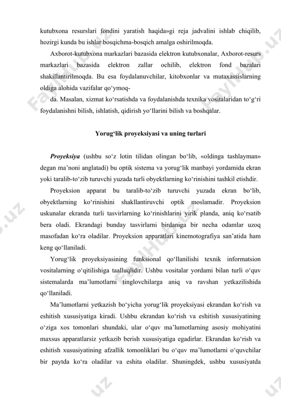 ami bilan turli o‘quv sistemalarda ma’lumotlarni tinglovchilarga aniq va ravshan yetkazilishida qo‘llaniladi. ma’lumotlarni yetkazish bo‘yicha yorug‘lik proyeksiyasi ekrandan ko‘rish va eshitish xususiyatiga kiradi. ushbu ekrandan ko‘rish va eshitish xususiyatining o‘ziga xos tomonlari shundaki, ular o‘quv ma’lumotlarning asosiy mohiyatini maxsus apparatlarsiz yetkazib berish xususiyatiga egadirlar. ekrandan ko‘rish va eshitish xususiyatining afzallik tomonliklari bu o‘quv ma’lumotlarni o‘quvchilar bir paytda ko‘ra oladilar va eshita oladilar. shuningdek, ushbu xususiyatda hujjatlar asosga ega, faktlar, voqealar, ilmiy tadqiqot va boshqalar butunlay qayd etib boriladi. ekrandan ko‘rish va eshitish xususiyati ikki bo‘linmaga, ya’ni statik (diafilmlar, diapozitivlar, transporantlar va boshqalar) va dinamik (kinofilmlar, teleko‘rsatuvlar, video yozuvlar) bo‘linmalarga bo‘linadi. o‘quvchilarning sezgi organlariga audiovizual (eshitishko‘rish) oraliq ta’sir o‘tkazish. ma’lumotlarni qabul qilish va yodda qoldirish yo‘nalishidagi psixologik tadqiqotlar shuni ko‘rsatadiki, o‘quvchilar atrof muhitni faqatgina sezgi organlari orqali anglaydilar. statistik ma’lumotlarga ko‘ra, insonlar 90 % ma’lumotlarni ko‘rish orqali, 9 % eshitish va 1 % boshqa sezgi organlari orqali oladilar. bundan tashqari, insonlarning …