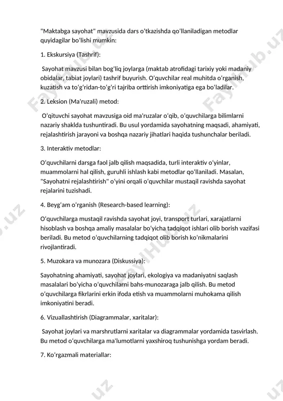 giya va madaniyatni saqlash masalalari bo‘yicha o‘quvchilarni bahs-munozaraga jalb qilish. bu metod o‘quvchilarga fikrlarini erkin ifoda etish va muammolarni muhokama qilish imkoniyatini beradi. 6. vizuallashtirish (diagrammalar, xaritalar): sayohat joylari va marshrutlarni xaritalar va diagrammalar yordamida tasvirlash. bu metod o‘quvchilarga ma'lumotlarni yaxshiroq tushunishga yordam beradi. 7. ko‘rgazmali materiallar: sayohatga oid rasmlar, video va slaydlar ko‘rsatish orqali o‘quvchilarga vizual ta'sir qilish va mavzu bo‘yicha to‘liq tasavvur hosil qilish. bu metodlar yordamida o‘quvchilarda faollikni oshirish, yangi bilimlarni o‘zlashtirish va mustaqil fikrlash qobiliyatlarini rivojlantirish mumkin. "maktabga sayohat" mavzusida dars o‘tkazishda quyidagi dars jihozlari qo‘llanilishi mumkin: 1. xaritalar va globuslar: o‘quvchilar sayohat joylarini, geografik hududlarni yaxshiroq tushunishlari uchun xaritalar va globuslar yordamida joylarni ko‘rsatish. 2. slaydlar va prezentatsiyalar: mavzu bilan bog‘liq rasmlar, video va grafikalardan foydalanish. sayohat joylarini, tabiiy va madaniy obidalarni ko‘rsatish uchun slaydlar tayyorlash. 3. video va kinolar: sayohat joylari, madaniyatlar, tabiat va boshqa mavzularni yorituvchi videolar va filmlar. bu o‘quvchilarga sayohatni yanada …