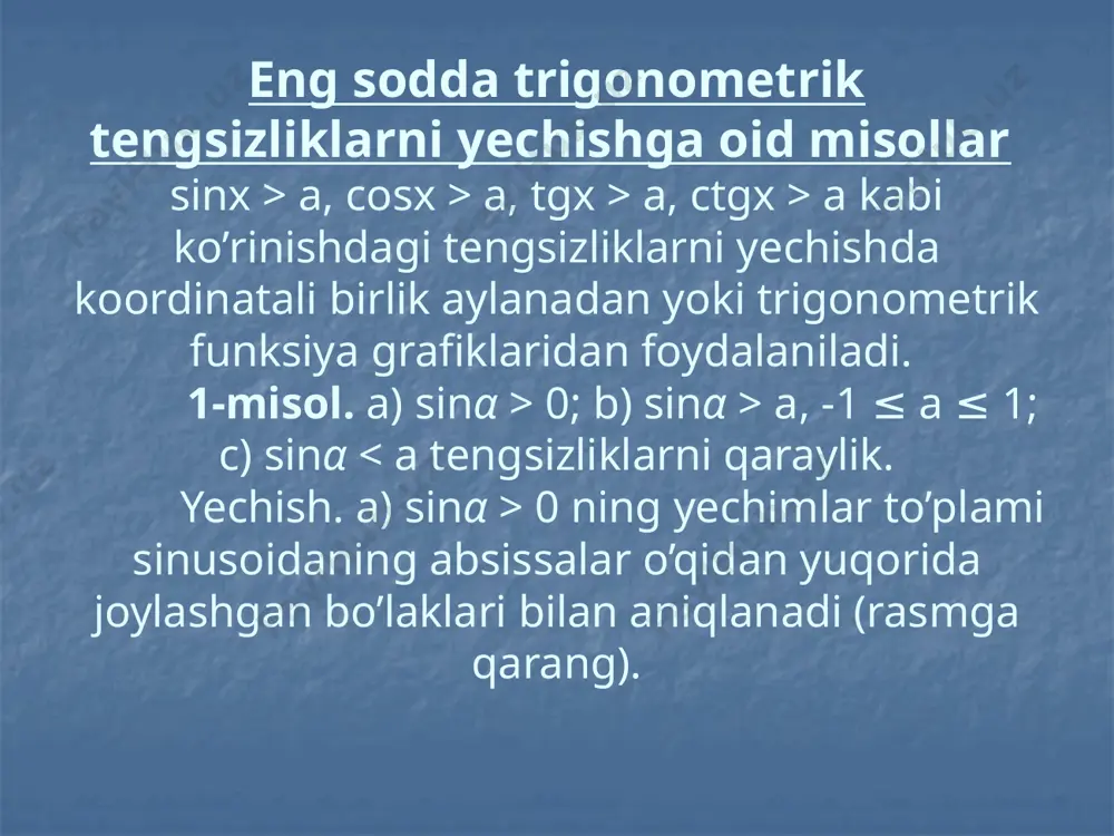 ngsizlik [2π/5; 4π/5], [6π/5; 8π/5] oraliqlarda bajarilishini ko’rishimiz mumkin. demak, umumiy yechim shu oraliqlar kesishmasidan iborat: (2π/5 + 2πk; 4π/5 + 2πk) (6π/5 + 2πk; 8π/5 + 2πk), k€z e’tiboringiz uchun rahmat!!! image2.png image3.jpeg image4.jpeg image5.jpeg image1.jpeg