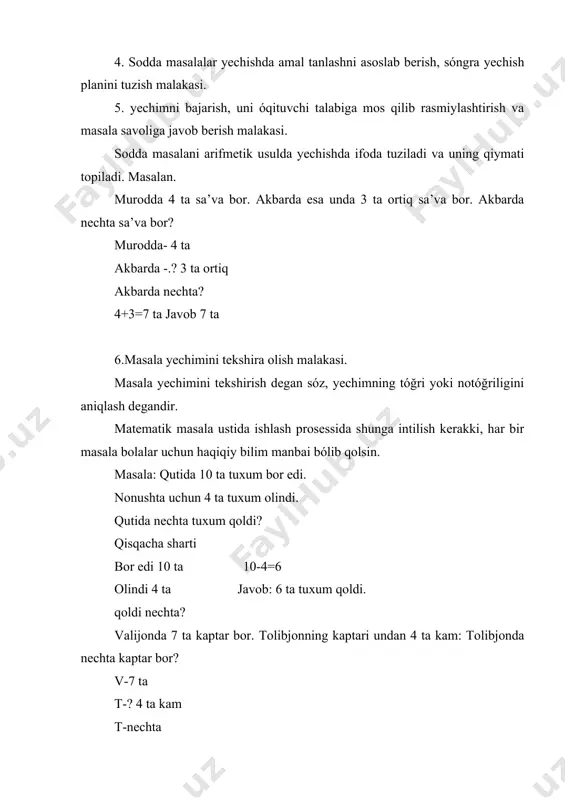 atijani kórsatmaydi. «akasi erkinga oldin 3 ta otkritka sovğa qildi, sóngra yana 2 ta otkritka sovğa qildi. erkinda akasi qancha otkritka sovğa qilgan. 2.sonni bir necha birlik orttirish va kamaytirishga oid masalalar. sonni bir necha birlik orttirish (kamaytirish)ga oid masalalar yiğindi va qoldiqli topishga doir masalalardan keyinroq kiritiladi. bu xildagi sodda masalalarni qarashga tayyorgarlik ularni kiritishdan ancha oldin boshlanadi. agar predmetlarning berilgan gruppasiga bir yoki bir nechta predmet qóshilsa, bu dastlabki predmetlar sonini orttiradi, agar ayrilsa, bu dastlabki predmetlar sonini kamaytiradi. bu munosabatlar har xil kórsatma materiallar yordamida órnatiladi. masala: bir tokchada 6 ta, ikkinchisida birinchisidagidan 3 ta ortiq kitob bor. ikkinchi tokchada qancha kitob bor? i. tok - 6 ta k ii. tok-?, 3 ta k ortiq yechish 6+3=9 javob: 9 ta kitob 3. ayirmali taqqoslashga doir masalalar. bu xil masalalar bilan tanishtirish ishini avval sanoq materiallardan foydalanib amalga oshirish tavsiya qilinadi. birinchi masalalar darslikdagi rasmlarga va sxematik rasmlarga …