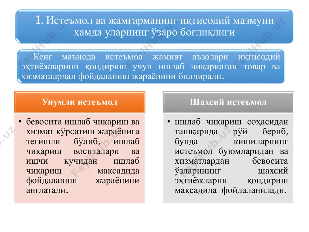 ўзгариши натижасида истеъмол сарфлари ҳажмининг ўзгариши даражаси истеъмолга кейинги қўшилган мойиллик (иқм) дейилади, даромад ҳажмининг ўзгариши натижасида жамғарма ҳажмининг ўзгариши даражаси жамғармага кейинги қўшилган мойиллик (жқм) дейилади узгаришидаромаддагсоф узгаришгиистеъмолда икм  y s узгаришидаромаддагсоф узгаришгижамгармада жкм    .0,1      y s y c 2. жамғаришнинг моҳияти, омиллари ва самарадорлиги жамғариш • – миллий даромад бир қисмининг асосий ва айланма капиталларни, шунингдек, эҳтиёт захираларини кўпайтириш учун сарфланишидир. жамғариш турлари • жамғарилган маблағларнинг моддий ишлаб чиқариш соҳасининг асосий капиталларини ва айланма маблағларини кенгайтиришга кетадиган қисми ишлаб чиқариш соҳасидаги жамғариш суммасини ҳосил қилади. ишлаб чиқариш соҳасидаги жамғариш иқтисодий ўсишнинг муҳим омилидир. ишлаб чиқариш мақсадидаги жамғариш • ижтимоий-маданий соҳадаги жамғариш (ноишлаб чиқариш жамғариши) уй-жой фондини, касалхоналар, ўқув муассасалари, маданият, соғлиқни сақлаш, спорт муассасалари, яъни номоддий ишлаб чиқариш тармоқларини кенгайтириш, реконструкциялаш, янгилашга сарфланади. ноишлаб чиқариш мақсадидаги жамғариш жамғариш нормаси бевосита жамғариш суммасининг бутун миллий даромад ҳажмига нисбати билан аниқланади: …