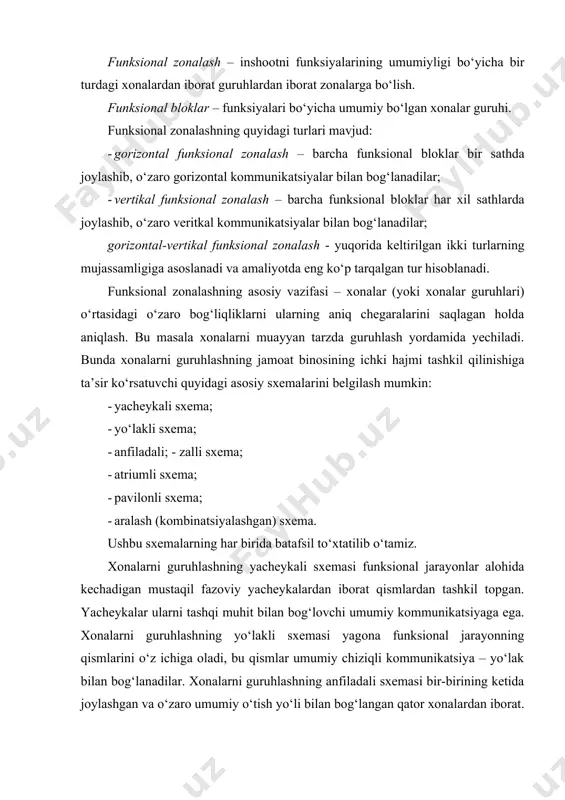 lardan iborat qismlardan tashkil topgan. yacheykalar ularni tashqi muhit bilan bog‘lovchi umumiy kommunikatsiyaga ega. xonalarni guruhlashning yo‘lakli sxemasi yagona funksional jarayonning qismlarini o‘z ichiga oladi, bu qismlar umumiy chiziqli kommunikatsiya – yo‘lak bilan bog‘lanadilar. xonalarni guruhlashning anfiladali sxemasi bir-birining ketida joylashgan va o‘zaro umumiy o‘tish yo‘li bilan bog‘langan qator xonalardan iborat. xonalarni guruhlashning zalli sxemasi qismlarga ajratilmagan katta maydonlarni talab etuvchi funksiyalar uchun yagona bo‘shliqni tashkil etishga asoslangan. xonalarni guruhlashning atriumli sxemasi yopiq ichki hovli – atrium atrofida joylashgan va unga chiqadigan xonalardan iborat. xonalarni guruhlashning pavilonli sxemasi xonalar yoki ularning guruhlarini alohida hajmlar – yagona kompozitsion yechim vositasida o‘zaro bog‘langan pavilonlarda taqsimlanishiga asoslanadi. ushbu sxemalar mujassamlikda va birgalikda qo‘llanilishida kombinatsiyalashgan: yo‘lakli-halqali, anfilada-halqali va shu kabi sxemalar yaratiladi. xonalarni guruhlashning yuqorida keltirilgan sxemalari jamoat binosi yoki inshootining turli kompozitsion sxemalarini yaratish uchun asos bo‘lib xizmat qilib, ular vositasida jamoat binosining hajmiy-rejali tuzilmasi shakllantiriladi. yo‘lakli zalli anfiladali yacheykali yo‘lkali-xalqasimon pavilonli yacheykali-zalli …