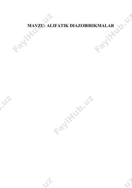 tanning qarorligini oshirish uchun ch2 guruhidagi vodorod atomlari elektronoakseptor guruhlarga almashinishi kerak. m-n, glitsinning etil efiridan, 2,2.2-triftoretilamindan hosil bo‘lgan diazobirikmalar shular jumlasidandir: n-n+ch-cooc2h5 n-n+ch-cf3 diazometanning o‘zi alkilaminlardan olinishi zarur bo‘lganda avval alkilamin atsillanadi, olingan mahsulot diazotirlanadi, keyin atsil guruhi ishqor bilan gidroliz qilib chiqarib yuboriladi. buni quyidagi sxema bilan ko‘rsatish mumkin: diazometan sariq-yashil, zaharli gaz. reaksiyaga kirishish qobiliyati yuqori. kislotalar, spirtlar, fenollar, aldegidlar bilan oson reaksiyaga kirishadi. ishqorlar ta’siriga chidamli. diazometan ta’sirida karbon kislotalardan efir olish karbon kislotalarning metil efirini olishning eng oson usuli hisoblanadi. quyida diazometanning ba’zi reaksiyalari keltirilgan: agar atsillash reaksiyasida diazometan ortiqcha olinsa, metilen guruhidagi vodorod atsil guruhga almashinadi, ajralib chiqqan vodorod xlorid ortiqcha diazometan bilan metil xlorid hosil qiladi: shunday qilib, diazometandan diazoketon olinadi. bu reaksiya diazometan molekulasidagi vodorodlar harakatchan ekanini ko‘rsatadi. bu diazometanning metalli hosilalarining olinishi bilan ham isbotlanadi: diazometan fotokimyoviy parchalanishga uchratilsa, polimerlanadi: shmits diazometanning izomeri-tsiklik diazometanning sintezini amalga oshirdi: siklik diazometan qizdirilganda qisman …