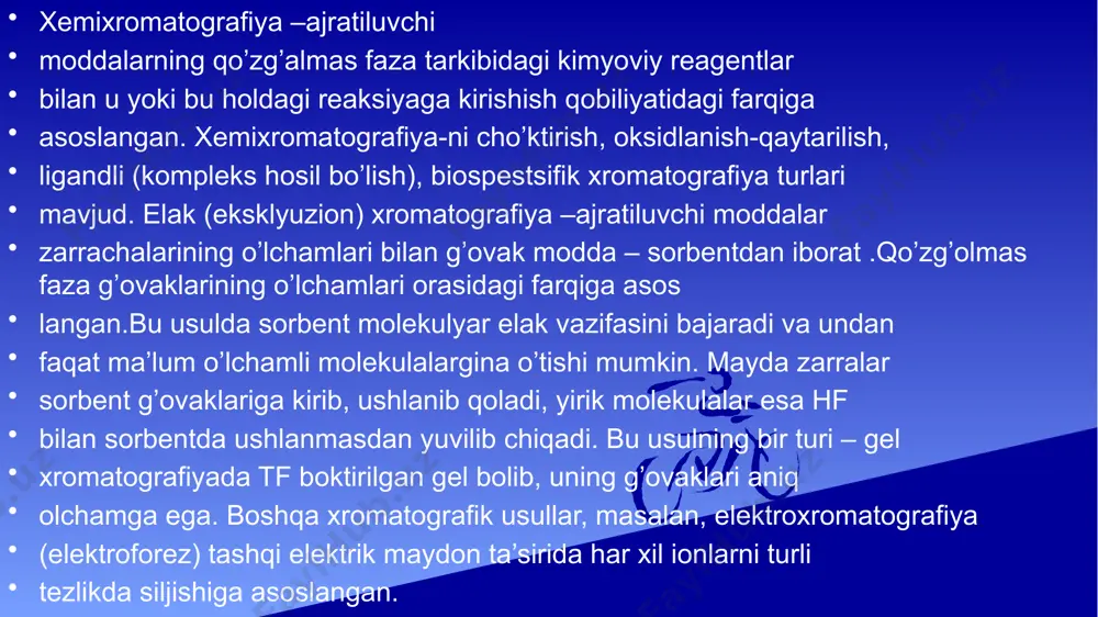 an, polistirol-divinilbenzol). ular: keng ph oraliqda ishlaydi, yuqori almashinuv sig‘imiga ega, oqsillar va nuklein kislotalar bilan ishlashda ko‘p qo‘llaniladi. b) noorganik asosli sorbentlar masalan, silikagel asosli sorbentlar: yaxshi mexanik mustahkamlikka ega, lekin ph 8 dan yuqori muhitda tez yemiriladi. c) gibrid sorbentlar bu turdagi sorbentlar organik va noorganik komponentlarning kombinatsiyasidan iborat bo‘lib, ularning ustunliklarini birlashtiradi. 3. sorbentdagi funksional guruhlar ion almashinish uchun zarur bo‘lgan funksional guruhlar sorbent yuzasiga kimyoviy usulda biriktiriladi. ular quyidagicha bo‘ladi: katyon almashuvchilar uchun: sulfonat guruhlari (–so₃⁻) karboksilat guruhlari (–coo⁻) anion almashuvchilar uchun: kvaterner ammoniy guruhlari (–nr₃⁺) ikkinchi va uchinchi darajali aminlar (–nh₂, –nhr) 4.sorbent tanlovining ajratishga ta’siri 5.sorbentning turi va funksional guruhlari: ionlar bilan bog‘lanish kuchiga, ajratish vaqtiga, selektivlik va aniqlikka ta’sir qiladi. ion almashinish xromatografiyasi yordamida ionlarning ajralishini amaliy tekshirish.ajralgan ionlarning miqdorini aniqlash va natijalarni tahlil qilish. ajralgan ionlarning miqdorini aniqlash usullari ionlarning miqdorini aniqlashda turli analitik usullar qo‘llaniladi. mashhur metodlardan ba'zilari: gravimetrik usul eritmadan …