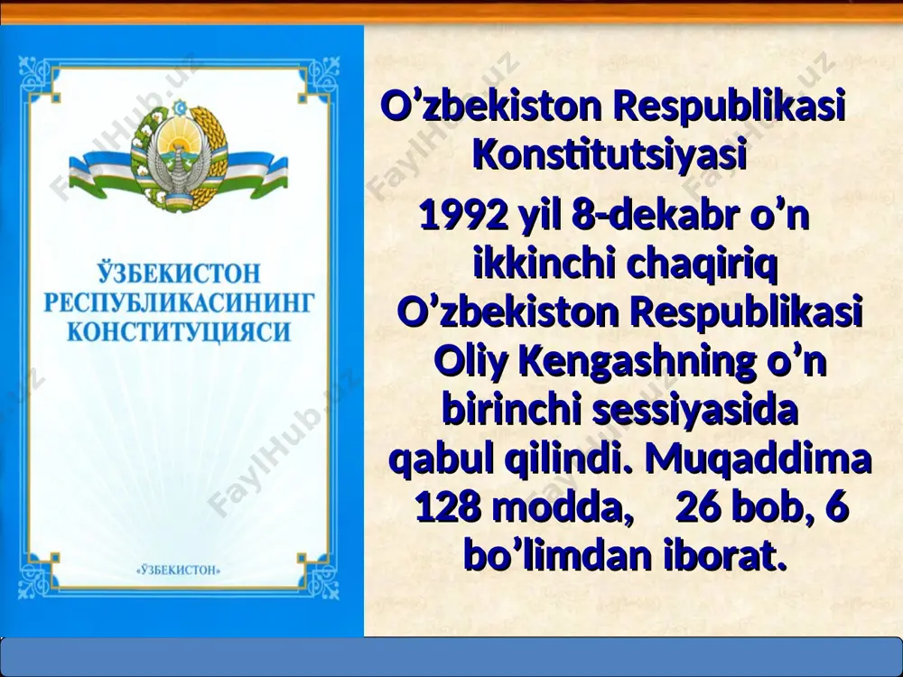 niyada ham yo’q. yana konstitutsiyaviy nazorat organlari niderlandiyada ham yo’q. totalitar sosializm davlatlarida konstitutsiyaga rioya etilishi ustidan nazoratni prakratura, alohida savollar inson huquqlari , atrof tabiiy muhit himoyasi tillar tengligi yuzasidan esa parlament vakolat bergan organ amalga oshiradi. aralash shakllarda – konstitutsiyaviy nazorat organini shakllantirishda faqat birgina organ ishtirok etmasdan, balki hokimiyatning bir necha organlari ishtirok etadi. fransiyada konstitutsiyaviy nazorat kengashi 9 ta azosi mavjud bo’lib prezident, milliy kengash, senat rasi, uchtadan nomzodni tayinlaydi. ular to’qqiz yil muddatda tayinlanadi. o’zbekiston respublikasida konstitutsiyaviy nazoratni konstitutsiyaviy sud organi amalga oshiradi. saylash va saylanish huquqi chet mamlakatlarda har bir shaxsga berilmagan. bu erda saylov stenzi degan tushunchaga to`g`ri kelamiz. saylov stenzi saylov huquqidan foydalanish uchun zarur bo’lgan talablar yig`indisidan iborat. 19 asrlarda mulk stenzi bo’lgan. hozir mulk stenzi ayrim mamlakatlarda passiv saylov huquqini amalga oshirishda belgilanadi. belgiyada senatga saylanish uchun 12 000 frank daromad beradigan mulk egasi bo’lishi lozim. ma’lumot stenzi ham xozirda …
