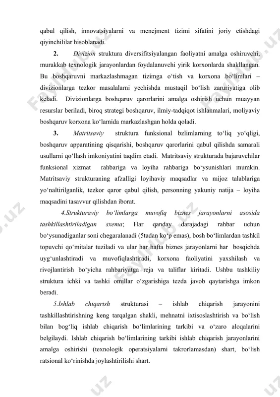 kturasi – ishlab chiqarish jarayonini tashkillashtirishning keng tarqalgan shakli, mehnatni ixtisoslashtirish va bo‘lish bilan bog‘liq ishlab chiqarish bo‘limlarining tarkibi va o‘zaro aloqalarini belgilaydi. ishlab chiqarish bo‘limlarining tarkibi ishlab chiqarish jarayonlarini amalga oshirishi (texnologik operatsiyalarni takrorlamasdan) shart, bo‘lish ratsional ko‘rinishda joylashtirilishi shart. bo‘limlarning ishlab chiqarish kuchi o‘zaro mos bo‘lishi kerak. ishlab chiqarish bo‘limlarining ixtisosligi va kooperatsiyasi bo‘lishi mumkin, bo‘limlarning iqtisodiy faoliyatida bozorning ahvoli hisobga olinishi shart. ishlab chiqarish strukturasining birinchi elementi ishlab chiqarish jarayonining texnologik operatsiyalari bajarilishini ta’minlovchi ish o‘rni hisoblanadi (15.1-rasm). texnologik jihatdan mahsulotlarning bir-ikki turini tayyorlash bo‘yicha ish o‘rinlari ishlab chiqarin hududini tashkil etadi. hududlar texnologik (kam seriyali va yagona ishlab chiqarish), yopiq (yirik seriyali va ommaviy ishlab chiqarish) bo‘lishi mumkin. ishlab chiqarish hududlari mahsulotning muayyan turini tayyorlashga ixtisoslashtirilgan yoi chiqarilayotgan mahsulotning tayyorlanish jarayonini muayyan ishlab chiqarish bosqichini bajarishga ixtisoslashtirilgan sexlarga birlashadi. sexlar ishlab chiqarishda birlashadi, ular turli geografik hududlarda joylashgan bo‘lishi mumkin. sexlar turi; 1. asosiy — tarmoqli …
