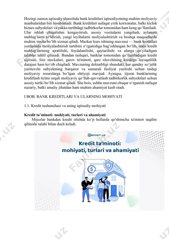 iqat, bu bankka qarz oluvchi moliyaviy muammolar yuzaga kelgan taqdirda ham olingan mablag'larni foizlar bilan qaytarishiga ishonch hosil qiladigan kafolatdir. u asosan mijoz katta miqdordagi kredit olishni xohlasa yoki uning kredit tarixi shubhali bo'lsa (yomon kredit tarixi) qo'llaniladi. kreditlarni ta'minlash qarz oluvchiga ham bir qancha imkoniyatlarni beradi: · kattaroq miqdorda kredit olish imkoniyati; · kredit shartnomasini uzoqroq muddatga rasmiylashtirish; · so’ralgan kredit miqdori tasdiqlanishi ehtimoli yuqoriroq bo’lishi. ushbu munosabatlar o‘zbekiston respublikasining “banklar va bank faoliyati to‘g‘risida”gi qonuni bilan tartibga solinadi: banklar garov, kafolatlar, kafillik, majburiyatlar asosida va majburiyatlar bajarilishini ta’minlashning qonunda nazarda tutilgan boshqa usullari asosida kreditlar beradi. har bir bank majburiyatlarni bajarish tartibini mustaqil ravishda belgilaydi va ularni shartnomada belgilab qo’yadi. agar shartnoma majburiyatlari buzilgan bo'lsa, kreditor qo’shimcha foiz hisoblash, shuningdek o’zining undirish huquqidan foydalanishi mumkin - mol-mulkni sotish, kompensatsiya talab qilish, kafilni javobgarlikka tortish va h.k. kredit ta'minotining asosiy shakllari mijozning toifasiga (jismoniy yoki yuridik shaxs) qarab, bank …