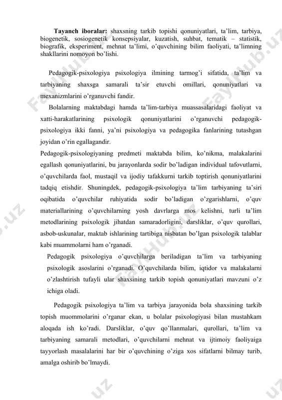 ish muommolarini o’rganar ekan, u bolalar psixologiyasi bilan mustahkam aloqada ish ko’radi. darsliklar, o’quv qo’llanmalari, qurollari, ta’lim va tarbiyaning samarali metodlari, o’quvchilarni mehnat va ijtimoiy faoliyaiga tayyorlash masalalarini har bir o’quvchining o’ziga xos sifatlarni bilmay turib, amalga oshirib bo’lmaydi. o’quvchi tafakkurining shakllanishi, aql darajasining o’sa borishi, o’quvchilar jamoasidagi o’zoro munosabatlarning mohiyati, har bir o’quvchida bilimlarni o’zlashtirish malaka va ko’nikmalarini bilmay turib, ta’lim va tarbiya ishida muvaffaqiyatga erishib bo’lmaydi. bu masalalarni amalga oshirish uchung xizmat qiladigan tamoillar va metodlar quyidagilardan iborat: 1. obyektivlik tamoili. o’quvchm shaxsiga xos bo’lgan psixologik xodisalarni obektiv holatda o’rgangandagina to’g’ri xulosalar aniqlanadi. o’quvchining o’zi haqida gapirganiga qarab, unga baho beriladi. 4. rivojlanish tamoili. bu tamoil bola shaxsiga xos bo’lgan psixologik xodisalarni o’sishi, o’zgarishda, hamma vaqt rivojlanishda qarashni taqozo etadi. 5. o’zoro bog’liqlik tamoili. bu tamoil o’quvchi hayoti va faoliyatining tashqi sabablarini tashqi ta’sirlarning har bir o’quvchiga ta’sir etish sabablarini bilishni talab qiladi. pedagogik psixologiyaning ilmiy – tadqiqot …