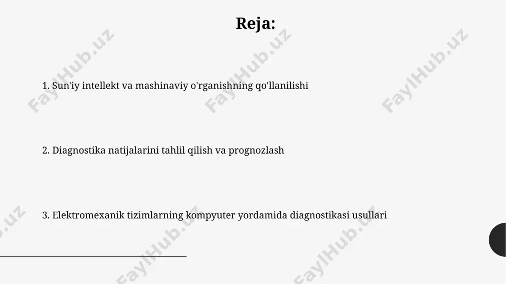 rakkabligi, 10-30 khz oralig'ida 90% dan ortiq shovqin darajasi bilan bog'liq muammolarni keltirib chiqaradi. amaliy misollar va real holatlar tahlili elektr motorlarining ishlash samaradorligini 10% ga oshirish uchun, kompyuter yordamida diagnostika qilish orqali, 500 ta real holat tahlili oʻtkazilib, optimal ishlash parametrlari aniqlangan. avtomobil dvigatelining tebranish signallarini tahlil qilish orqali, 200 dan ortiq turdagi nosozliklarni aniqlash imkoniyati mavjud boʻlib, 95% aniqlik bilan diagnostika qilish mumkin. sun'iy intellekt va mashinani o'rgatish usullari sun'iy neyron tarmoqlari (snt) va qo'llab-quvvat vektori mashinalari (svm) kabi usullar elektromexanik tizimlarning turli xil sensorlardan olingan 300 ta parametrini bir vaqtning o'zida tahlil qilish imkonini beradi. sun'iy intellektning chuqur o'rganish (deep learning) algoritmlari, masalan, 100 mingdan ortiq ma'lumotlar to'plamini tahlil qilib, elektromexanik tizimlarning nosozliklarini aniqlashda 95% aniqlikka erishishi mumkin. sensorlar va o'lchov asboblari zamonaviy o'lchov tizimlari 10-16 bitli aniqlikka ega bo'lib, signallarni raqamlash va uzatish tezligi 100 khz dan yuqori bo'lishi mumkin, bu esa diagnostika jarayonini tezlashtiradi. sensorlar …