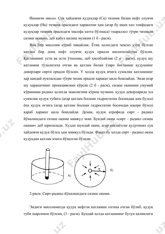 ими (у-уқ)/(ут-уқ)=(r-1-r-1=) / / (rт-1-rқ-1) q=+2п(ут-уқ)/(rт-1-rқ-1) жадвалдаги белгилар: ут, у, уқ, - мос равишда таъминлаш чегараси, қатламдаги исталган м нуқтадаги ва қудуқ тубидаги потенциаллар; rт, r, rқ, - мос равишда таьминлаш чегараси, қатламдаги исталган м нуқта ва қудуқ радиуси; а, в – чизиқли тенгламанинг доимий коэффициентлари.