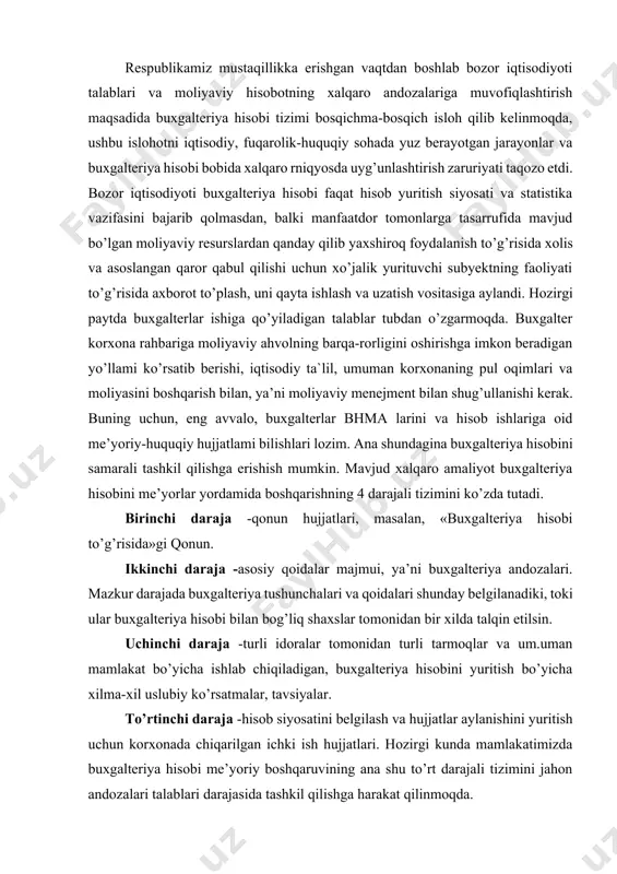 lliy hisob tizirnini yetarli darajada qayta qurish mumkin emas. 1996-yil 30-avgustda qabul qilingan ushbu qonun, eng avvalo, buxgalteriya hisobini tashkil etish, buxgalteriya hujjatlari va registrlari, aktivlar va majburiyatlarni inventarizatsiya qilish va baholashning asosiy tamoyillari va qoidalari, o’z va qarzga olingan kapital hisobi, moliyaviy hisobotlar oldiga qo’yilgan asosiy vazifalar, maqsad va talablami belgilab beradi. bundan tashqari, mazkur qonun buxgalteriya hisobini yuritishda xo’jalik yurituvchi subyektlaming huquqi, burchi va mas’uliyatlarini, shuningdek, moliyaviy hisobotlami topshirish va chop etish bo’yicha qo’yiladigan talablami belgilab beradi. qonundan tashqari, o’zbekiston respublikasi vazirlar mahkarnasining tomonidan 1999-yil 5-fevraldagi 54-son qarori bilan tasdiqlangan «mahsulot (ishlar. xizmatlar)ni ishlab chiqarish va sotish xarajatlarining tarkibi harnda moliyaviy natijalarni shakllantirish tartibi to’g’risidagi nizom)) hamda buxgalteriya hisobining milliy andozalarining amaliyotga tatbiq etilishi buxgalteriya hisobini isloh qilish va takomillashtirishda muhim ahamiyat kasb etmoqda. buxgalteriya hisobi va hisobotini xalqaro talablarga muvofiq o’zgar-tirish keyingi vaqtda tobora dolzarb ahamiyat kasb etmoqda. bunga, birinchidan, xalqaro bozorlarda ish olib boradigan kompaniyalar o’rtasida …