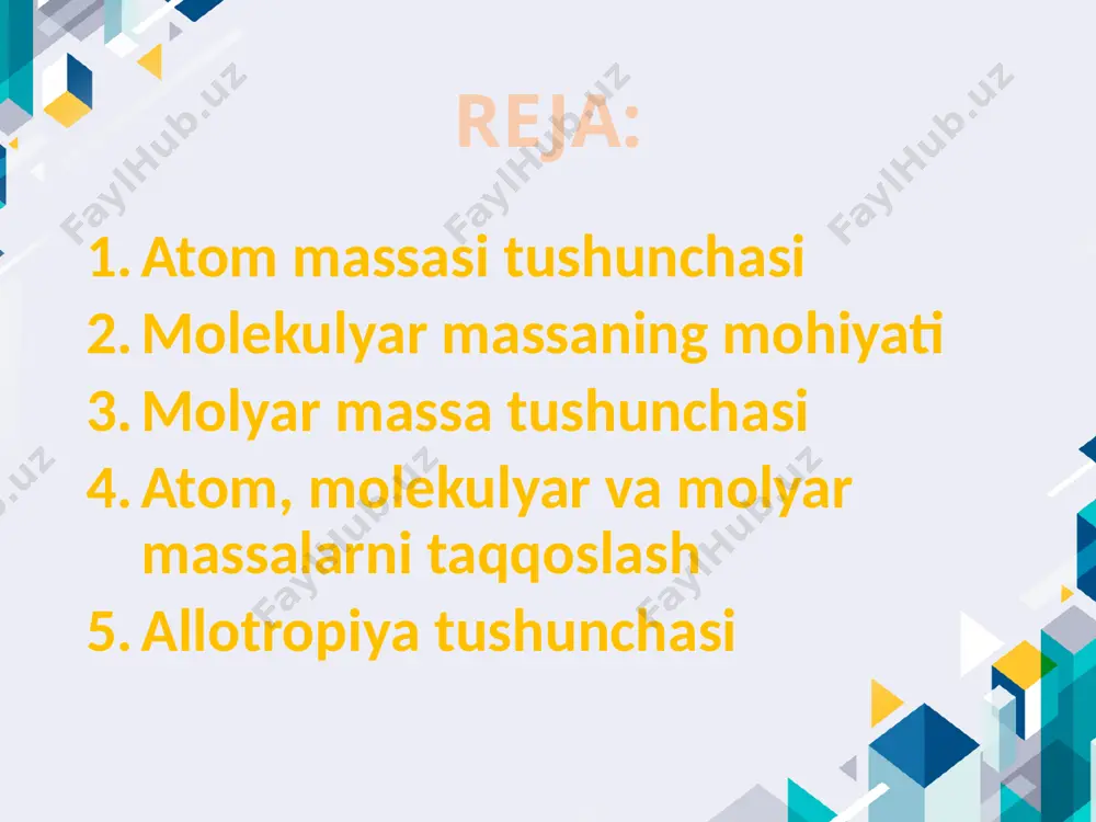 lash mumkin. ular orasidagi bog‘liqlik quyidagi formula bilan ifodalanadi: n=mm bu yerda: n — modda miqdori (mol) m — moddaning massasi (gramm) m — moddaning molyar massasi (g/mol) molyar massa va hisoblash 4. atom, molekulyar va molyar massalarni taqqoslash 🔹 o‘xshashliklar: har uchalasi moddaning massa bilan bog‘liq xossalarini ifodalaydi. atom va molekulyar massalar molyar massani aniqlashda asos bo‘lib xizmat qiladi. har biri moddaning miqdorini hisoblashda muhim vosita hisoblanadi. 🔸 farqlari: atom massasi faqat bitta atomga tegishli, molekulyar massa esa molekulaga. molyar massa moddaning katta miqdorini (1 mol) ifodalaydi, shuning uchun amaliy hisob-kitoblarga qulay. atom/molekulyar massalar nisbiy (birliksiz) bo‘lsa, molyar massa – fizik kattalik bo‘lib, birligi g/mol bo‘ladi. amaliy hisob-kitoblardagi o‘rni atom, molekulyar va molyar massalar kimyoviy hisob-kitoblarda juda muhim o‘rin tutadi: kimyoviy reaksiyalarni muvozanatlashda, moddalarning nisbiy miqdorini aniqlashda atom va molekulyar massalardan foydalaniladi. moddaning miqdori (mol), massasi (g) va zarracha soni (avogadro soni orqali) molyar massa yordamida bog‘lanadi. laboratoriya ishlarida, …