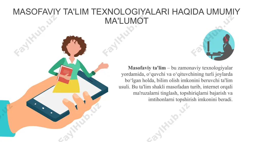 'lim muassasalarida o‘quv jarayonining bir qismi sifatida qo‘llanilmoqda. 2. foydalanishi: ziyonet, hemis, lms va boshqa platformalaridan foydalanilmoqda 3. texnik va infratuzilmaviy muammolar: chekka va olis hududlardagi internet muammolari mavjud 4. malakali pedagoglar yetishmasligi: mt ni yaxshi biladigan pedagoglar yetishmaydi. masofaviy ta'limni rivojlantirish istiqbollari masofaviy ta'limning hozirgi holati 1. raqamli infratuzilmani rivojlantirish: davlat tomonidan internet infratuzilmasini takomillashtirish, ayniqsa olis hududlarda tezkor internetga kirish imkoniyatini oshirish choralari ko‘rilmoqda. 2. kadrlar tayyorlash: pedagoglarni raqamli ko’nikmalari rivojlantish choralari ko’rilmoqda. 3. xalqaro sertifikatsiya dasturlari: otmlarda xalqaro tan olinadigan dasturlarni joriy qilinmoqda masofaviy ta'lim kelajagi masofaviy ta'lim global ta'lim tizimida tobora muhim o‘rin egallab bormoqda va bu jarayon o‘zbekiston ta'lim sohasiga ham faol ta'sir ko‘rsatmoqda. raqamli texnologiyalarning rivojlanishi, global pandemiya davridagi tajribalar va zamonaviy ta'lim ehtiyojlari sababli masofaviy ta'lim istiqbolda yanada ko‘proq o‘z ahamiyatini oshirishi kutilmoqda. 1. raqamli texnologiyalarning yanada rivojlanishi virtual haqiqat (vr) texnologiyasi o‘quvchilarni yanada ko‘proq jalb etish uchun o‘quv materiallarini vizual shaklda taqdim …