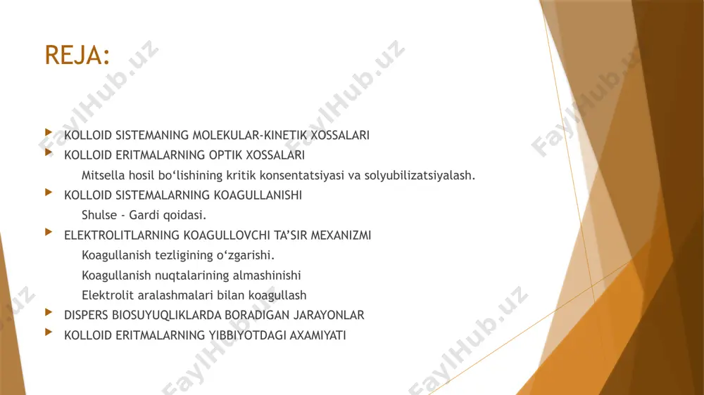 itma quyilgan stakan orqali o'tayotgan nurni yon tomonidan kuzatsa, shu nurning yo'li, kolloid zarrachalar nurini tarqatishi tufayli, konus shaklida ko'rinadi. bu faradey-tindal hodisasi deb yuritiladi. zarrachalarning konsentratsiyasi va hajmi dispers faza bilan dispers muhitning nur sindrish ko’rsatgichlari orasidagi farq qanchalik katta bo’lsa,shuningdek qanchalik nurning to’lqin uzunligi kichik bo’lsa, shunchalik tarqalgan nur ravshanligi katta bo’ldi.kolloid zarrachalarning nur tarqatish qobiliyatiga ega bo’lganligi sababli ko’pgina zollar tarqalgan yorug’lik tasirida havo rangiga kiradi.dispers faza zarrachalarining o’zi rangli bo’lsa kolloid eritma rangi yana ham ravshanroq bo’ladi. mitsella hosil bo‘lishining kritik konsentatsiyasi va solyubilizatsiyalash mitsellyar eritmalarning o‘ziga xos va axamiyatli xususiyatlaridan biri ularning, suvda erimaydigan moddalarni, o‘zida eritishidir. toza erituvchida erimaydigan moddalarning mitsellyar sistemalarda erishiga solyubilizatsiyalash deb ataladi. bunda mitsella tomonidan yutilayotgan modda s o l y u b i l i z a t ,sirt--faol modda esa-- s o l y u b i l i z a t o r ( s oly u …