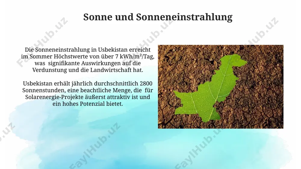ard und der zentralasiatische gepard, bewohnen usbekistans unterschiedliche landschaften, von wüsten bis zu hochgebirgen, jedoch mit fragmentierten populationen. usbekistans vielfältige ökosysteme beherbergen über 4.000 pflanzenarten, darunter endemische spezies wie den fergana-tulpenbaum, die nur in begrenzten gebieten vorkommen. das kontinentale klima usbekistans die jährliche niederschlagsmenge in usbekistan liegt im durchschnitt unter 300 mm, wobei wüstengebiete deutlich weniger als 100 mm erhalten und somit extrem arid sind. die vegetationsperiode in usbekistan, abhängig von der höhenlage und region, beträgt durchschnittlich 180 bis 240 tage, beeinflusst durch die kontinentalen klimatischen bedingungen. vielen dank für ihre aufmerksamkeit @taqdimot_robot image2.jpg image3.jpg image4.jpg image5.jpg image6.jpg image7.jpg image8.jpg image9.jpg image10.jpg image11.jpg image12.jpg image13.jpg image14.jpg image15.jpg image16.jpg image1.png