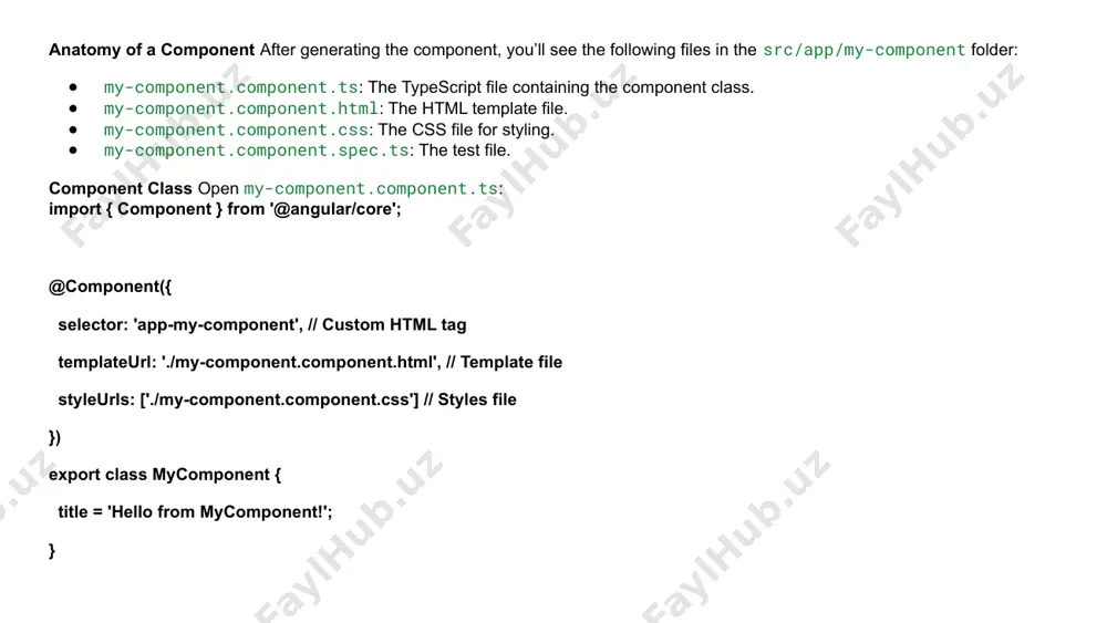 }} property binding : bind html attributes to component properties: event binding : handle user events: click me two-way binding : use [(ngmodel)] for two-way data binding: hello, {{ name }}! directives structural directives : modify the dom layout (e.g., *ngif, *ngfor): this is visible {{ item }} attribute directives : modify the appearance or behavior of elements (e.g., ngclass, ngstyle): active class 4. metadata metadata provides additional information about a class (e.g., a component or module). it’s defined using decorators like @component and @ngmodule. examples of metadata component metadata @component({ selector: 'app-example', templateurl: './example.component.html', styleurls: ['./example.component.css'] }) module metadata @ngmodule({ declarations: [appcomponent], imports: [browsermodule], providers: [], bootstrap: [appcomponent] }) 5. services and dependency injection a service is a class that provides shared functionality (e.g., fetching data from an api). dependency injection (di) is a design pattern used to inject services into components or other services. steps to create and …