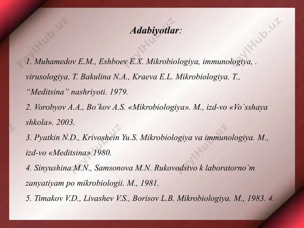 n sistemasi haqidagi ta’limot paydo bo’ldi. 1908 yilda immunologiya sohasida qilgan buyuk ishlari uchun i.i.mechnikov va p.erlixlarga nobel mukofoti berildi. oxirgi yillarda immunologiya fani alohida fan sifatida juda rivojlanib bormoqda. immunologiya fanining rivojlanishi asosan yuqumli kasalliklarni o’rganish, ularga qarshi kurashish va diagnoz qo’yish asosida rivojlanib kelgan. immunitet va uning turlari insoniyat tarixida birinchi bo’lib chin chechak kasalligiga qarshi emlashni 1796 yilda eduard jenner taklif etdi. u birinchi bo’lib, sigir chechagi bilan emlanganda organizm xaqiqiy chechak qo’zg’atuvchisiga beriluvchan bo’lmasligini isbotladi. bu kashfiyotdan so’ng, 100 yildan keyin buyuk fransuz olimi lu paster immunologiya fanini fan ko’rinishiga ko’tardi va organizmni kasalliklarga berilmaslik xususiyatini o’rganib, uni ilmiy talqin qilib berdi va yuqumli kasalliklarga vaksina tayyorlab ularga qarshi qo’lladi. mexanik qarshilikka (anatomik) teri va shilliq qavatlarni to’siqlik (barer) xususiyati kiradi. teri tashqi tomondan organizmni o’rab turadi. sog’lom teri organizmni patogenagentlardan ximoya qiladi, terini pasayishi ham patogen bakteriyalarga salbiy ta’sir etadi. shilliq qavatlar organizmning hamma organlari, …