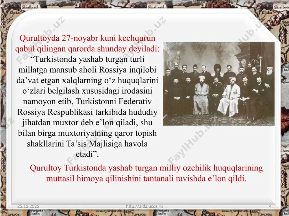 stiga uch kun davomida to‘plardan yondiruvchi snaryadlar otildi. kimyoviy qurollar ishlatildi. qizil gvardiyachilar va dashnoqlar shaharda bosqinlar uyushtirib, uni talon-toroj qilishga kirishdilar. 18.02.2019 http://aida.ucoz.ru 13 “ulug‘ turkiston” gazetasi chuqur qayg‘u bilan xabar berganidek, “20- fev ral xo‘qand (qo‘qon) tarixining eng dahshatli kuni edi. armanilar ayricha faoliyat ko‘rsatganlar...” gazetadagi ushbu maqola “xo‘qand hozir o‘liklar shahri” degan dahshatli ibora bilan tugaydi. 18.02.2019 http://aida.ucoz.ru 14 turkiston muxtoriyati hukumati atigi 72 kun mavjud bo‘lgan bo‘lsa ham, u erksevar xalqimizni milliy mustaqillik va istiqlol uchun kurashga da’vat etdi. 18.02.2019 http://aida.ucoz.ru 15 vatan tuyg‘usidek muqaddas tuyg‘u qalbining to‘ridan joy olgan turkiston ziyolilarining muxtoriyat uchun olib borgan kurashlari izsiz ketmadi. 1918-yilning erta bahorida avval farg‘ona vodiysida, so‘ngra butun turkiston mintaqasida sovet rejimiga qarshi qurolli istiqlolchilik harakati boshlandi. image2.jpeg image3.jpeg image4.jpeg image5.jpeg image6.jpeg image7.jpg image8.jpeg image9.png image10.jpeg image11.jpeg image12.jpeg image13.jpeg image14.jpeg image15.jpg image16.jpeg image1.jpeg /docprops/thumbnail.jpeg