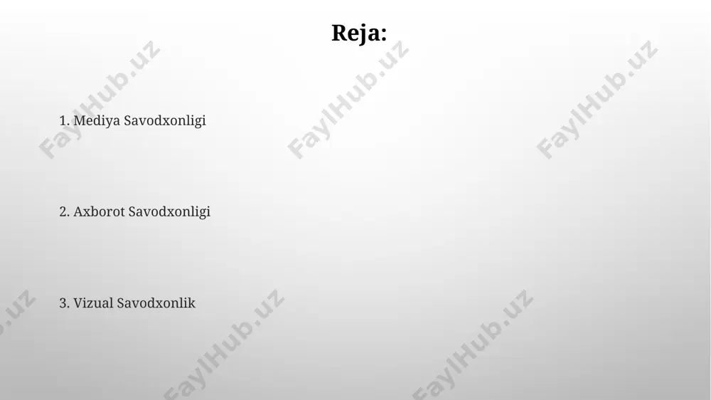 o'zini rivojlantirish bo'yicha 50 dan ortiq onlayn kurslar 2023-yilda toshkentda 1500 dan ortiq talaba tomonidan o'rganildi, bu amaliy qo'llanmalarning samaradorligini ko'rsatadi. samarqanddagi 200 nafar ishtirokchi ishtirok etgan tadqiqot shuni ko'rsatdiki, o'z-o'zini rivojlantirish dasturlari 75% ishtirokchilarda stress darajasini pasaytirdi va ish samaradorligini oshirdi. soxta xabarlar va manipulyatsiyadan himoya mustaqil faktlardan tekshirish platformalari, masalan, "factcheck.uz" kabi saytlar 2022-yildan beri o'zbekistonda 500 dan ortiq soxta xabarni aniqlab, ularning tarqalishini cheklashga harakat qilmoqdalar. rossiya va qozog'iston kabi qo'shni davlatlardagi dezinformatsiya kampaniyalari o'zbekiston ommaviy axborot vositalariga ham ta'sir ko'rsatmoqda, manipulyatsiya usullari sifatida emotsional til va "clickbait" texnikasi keng qo'llaniladi. vizual savodxonlik tamoyillari визуал саводхонликда 19-асрнинг охирларидаги европа рассомларининг реалистик услубидаги асарлари тасвирий воситаларни таҳлил қилишда муҳим ўрин тутади. визуал саводхонликни ривожлантиришда 3 ёшдан 7 ёшгача бўлган болаларда ранглар, шакллар ва ўлчамларни фарқлаш кўникмаларини шакллантириш асосий аҳамиятга эга. e'tiboringiz uchun rahmat @taqdimot_robot image3.png image4.jpg image5.jpg image6.jpg image7.jpg image8.jpg image9.jpg image10.jpg image1.png