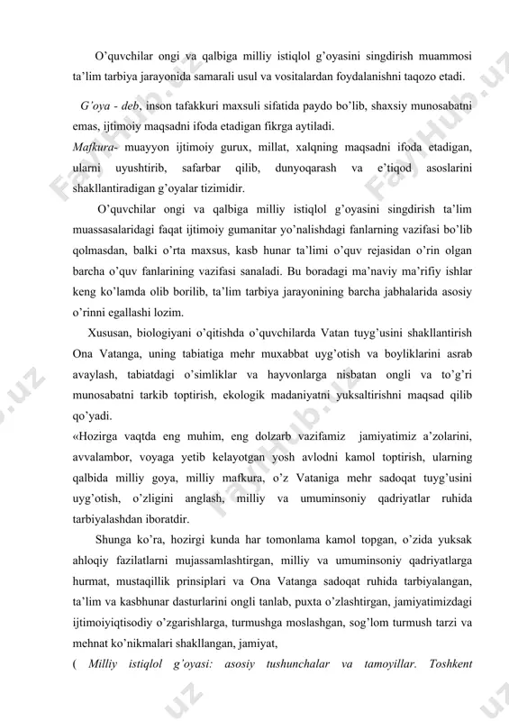 a hurmat, mustaqillik prinsiplari va ona vatanga sadoqat ruhida tarbiyalangan, ta’lim va kasbhunar dasturlarini ongli tanlab, puxta o’zlashtirgan, jamiyatimizdagi ijtimoiyiqtisodiy o’zgarishlarga, turmushga moslashgan, sog’lom turmush tarzi va mehnat ko’nikmalari shakllangan, jamiyat, ( milliy istiqlol g’oyasi: asosiy tushunchalar va tamoyillar. toshkent «o’zbekiston» 2000 i.a.karimov xushyorlikka dav’at toshkent «uzbekiston» 1999 yil 16 bet ) karimovning "milliy istiqlol g’oyasi: asosiy tushunchalar va tamoyillar" risolasida qayd etilishicha, milliy istiqlol g’oyasi o’zbekiston respublikasining konstitutsiyasi, milliy va umuminsoniy qadriyatlar, demokratiya tamoyillariga asoslanadi, xalqimizning asrlar davomida shakllangan yuksak ma’naviyati, an’ana va udumlari, ulug’ bobokalonlarimizning o’lmas merosidan oziqlanadi. shu o’rinda milliy va umuminsoniy qadriyatlarga nimalar kiradi? degan savol tug’ilishi tabiiy. milliy qadriyatlar alohida olingan xalq, millat va elatlarning o’z tarixiy taraqqiyoti davomida yaratgan va yaratadigan barcha moddiy va ma’naviy boyliklari, urf odatlari, marosimlari, bayramlari va millatning o’zligini belgilaydigan o’ziga xos tamoyillari yig’indisidan iboratdir. bu o’ziga xoslik moddiy, ma’naviy, ijtimoiy, oilaviy hayot, turmush tarzida namoyon bo’ladi. bundan tashqari xalq …