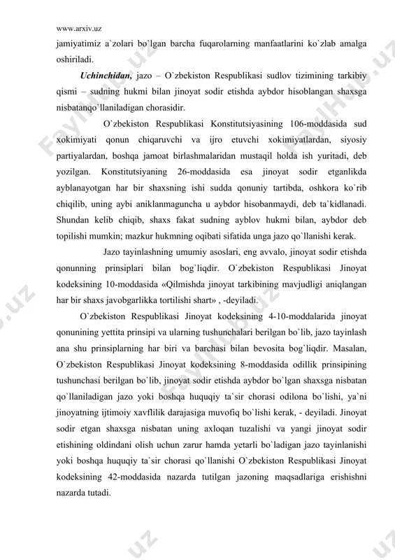 olatlar va aybdorning shaxsini e`tiborga olib, shu jazolardan birini tanlab tayinlaydi. agar jarimani tayinlasa, eng kam oylik ish xaqining ellik baravaridan kam va yetmish besh baravardan ko`p bo`lmagan miqdorda tayinlaydi. axloq tuzatish ishlari tayinlansa, bu jazoning muddatini ikki yildan kam, uch yildan ko`p tayinlay oladi. ozodlikdan mahrum qilishni esa besh yildan ko`p bo`lmagan muddatga tayinlay olmaydi. ammo sud jazo tayinlashda sodir etilgan jinoyatning xususiyati va ijtimoiy xavflilik darajasini, qilmishning sababini, yetkazilgan zararning xususiyati va miqdorini, aybdorning shaxsini hamda jazoni yengillashtiruvchi va og`irlashtiruvchi holatlarni hisobga olib, sanksiyadagi jazolardan birini asosiy jazo sifatida tayinlaydi. shu holatlarga qarab, agar aybdor yetkazilgan moddiy zararni uch karra miqdorda o`z ixtiyori bilan qoplasa, sud sanksiyada ko`rsatilgan ozodlikdan mahrum qilishni tayinlamay, sanksiyadagi yengilrok jazoni tayinlashi mumkin. jazo tayinlash masalasiga o`zbekiston respublikasi oliy sudi ham aloxida ahamiyat bermoqda. o`zbekiston respublikasi oliy sudining 1996 yil 19 iyuldagi 16 sonli «jinoyat uchun jazo tayinlash amaliyoti to`g`risida»gi plenum qarorining 1,2 bandida …