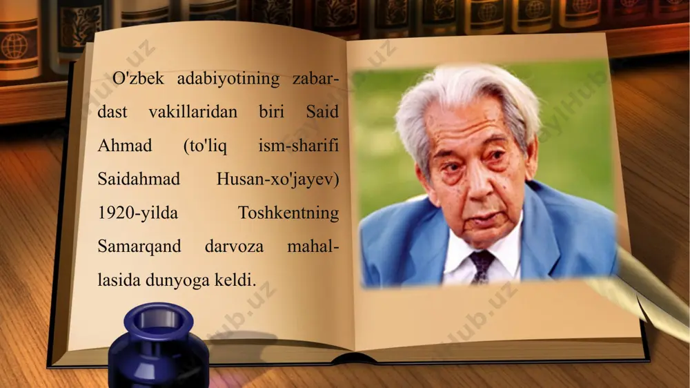 ib ssenariysi asosida yaratilgan qator kinofilmlar haqida ham shu gapni aytish mumkin. mustaqillik yillarida adib yana-da katta g'ayrat bi­lan qalam tebratdi. u shu yillarda ko'plab publitsistik maqolalar, badialar yozdi, shuningdek, quvnoq yumoris-tik, jo'shqin lirik hikoyalar, ta'sirchan xotiralar yaratdi. yozuvchining «xandon pista», «bir o'pichning bahosi» kabi hajviy to'plamlari, «yo'qotganlarim va topganlarim», «qorako'z majnun», «kiprikdagi tong» kitoblari, 3 jilddan iborat «tanlangan asarlar»i xuddi shu istiqlol yillarida yaratildi. said ahmad yirik nasriy asarlari bilan ham kitobxonlarga yaxshi tanish. uning 1988- yilda yaratilgan «jimjitlik» romani xalqimizning sho'ro hukumati davridagi zohiran tinch, turg'unlik, aniqrog'i, «jimjitlik» yillarida kechir-gan kunlaridan hikoya qiladi. asarda «qizil imperiya»ning rang-barang nayranglari tufayli hayoti fojiali kechgan kishilar taqdiri bo'yab-bejalmasdan, haqqoniy ko'rsatilgan. «ufq» romani nafaqat said ahmad ijodida, balki adabiyotimizda ulkan voqea bo'lgan uch qismli asar bo'lib, roman-trilogiya hisoblanadi. asarda xalqimizning ikkinchi jahon urushigacha, urush davri, urushdan so'nggi yillardagi qismati qalamga olingan. romanning birinchi kitobi «qirq besh kun», ikkinchi kitobi «hijron kunlarida», so'nggi, …