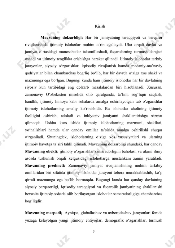 mtiyozlar va qo‘llab-quvvatlash mexanizmlarini takomillashtirishni taqozo etadi. tadqiqot usuli: ayniqsa, ijtimoiy tengsizlikni bartaraf etish, imkoniyatlar tengligini ta’minlash va fuqarolarning davlat bilan ijtimoiy shartnomadagi o‘zaro majburiyatlarini aniqlashtirish bu boradagi dolzarb yo‘nalishlardan hisoblanadi. kurs ishining tuzilishi: ushbu mavzuda olib boriladigan tahlil ijtimoiy islohotlarning nafaqat institutsional tuzilmalari va tashkiliy-huquqiy mexanizmlarini o‘rganish, balki ularning real hayotdagi samaradorligini baholash, mavjud muammolarni aniqlash hamda takomillashuv yo‘llarini ko‘rsatishga qaratilgan bo‘lib, bu orqali zamonaviy o‘zbekiston sharoitida ijtimoiy barqarorlik va farovonlikni ta’minlashning ilmiy asoslari yoritiladi. i.bob ijtimoiy muhofaza siyosati: tamoyillari, yo‘nalishlari va muhofaza ob’ektlari 1.1 ijtimoiy muhofaza siyosati: uning tamoyillari va yo’nalishlari daromadlar siyosatining funktsiyalaridan biri - ijtimoiy muhofazalash funktsiyasidir. ijtimoiy muhofazalash deganda, ma‘lum (murakkab, xavfli) vaziyatlarda aholi daromadlarini tutib turish, ayrim ijtimoiy guruhlarga yordam ko’rsatish bo’yicha davlat tomonidan ko’riladigan chora-tadbirlar majmuasi tushuniladi. sovet davlatining ijtimoiy muhofazalash siyosati asosan byudjetdan moliyalanadigan, qat‘iy markazlashgan ijtimoiy kafolatlar tizimini aks ettirar edi. u davrlarda ijtimoiy muhofazalashning minimal darajasi ta‘minlangan, ammo u mehnatkashlarning …