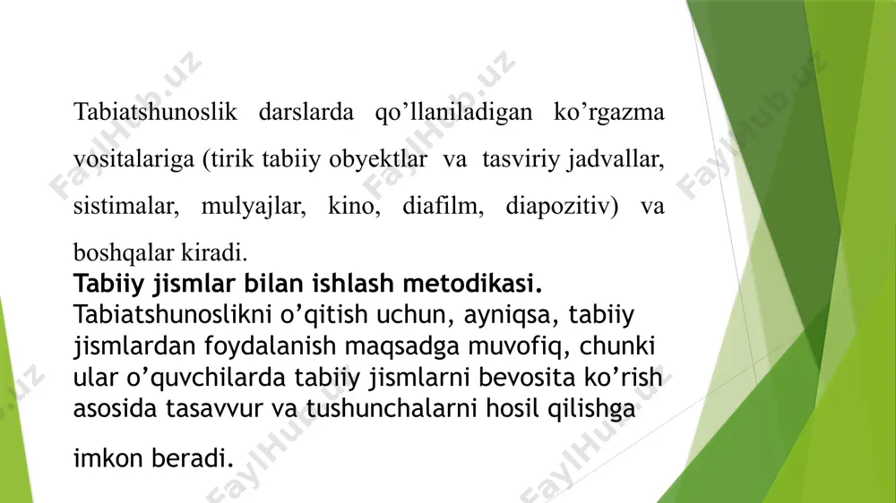 suratning mazmunidan bu holatda faqat bayonning eng muhim ma‘nosi bilan bog’liq holda foydalaniladi. surat, shuningdek, suhbatning boshlanish qismi bo’lishi ham mumkin. bu holda o’qituvchi darsni suratni ko’rib chiqish bilan boshlaydi va suhbat jarayonida o’quvchilarni uning tabiatshunoslik mazmunini o’zlashtirishga olib keladi. bunda o’quvchilarning ko’proq faolligiga erishish kerak. ular suratda tasvirlangan ob‘ektlarni faqat ko’rish bilan qabul qilib qolmasdan, balki ularning ayrim tomonlarini solishtirishlari, ilgarilariga taqqoslashlari va surat mazmunidan baholi qudrat xulosalar chiqarishlari kerak. darslikdagi mavzular matnini muhokama qilish jarayonida ham suratlar ko’riladi, bu o’qilganlarni yaxshiroq tushunish va eslab qolishga yordam beradi. shuningdek, suratlardan materialni takrorlash va mustahkamlashda keng foydalaniladi. suratlardan foydalanib, o’quvchilar o’tilganlarni yaxshiroq hikoya qilib beradilar. bunda ular o’qituvchining qo’shimcha tushuntirishlarini ham esga oladilar, o’zlarining shaxsiy fikr va mulohazalarini bayon qiladilar, o’quvchilarning o’quv materiallini puxta va chuqur o’zlashtirishlarini ta‘minlaydi. /docprops/thumbnail.jpeg