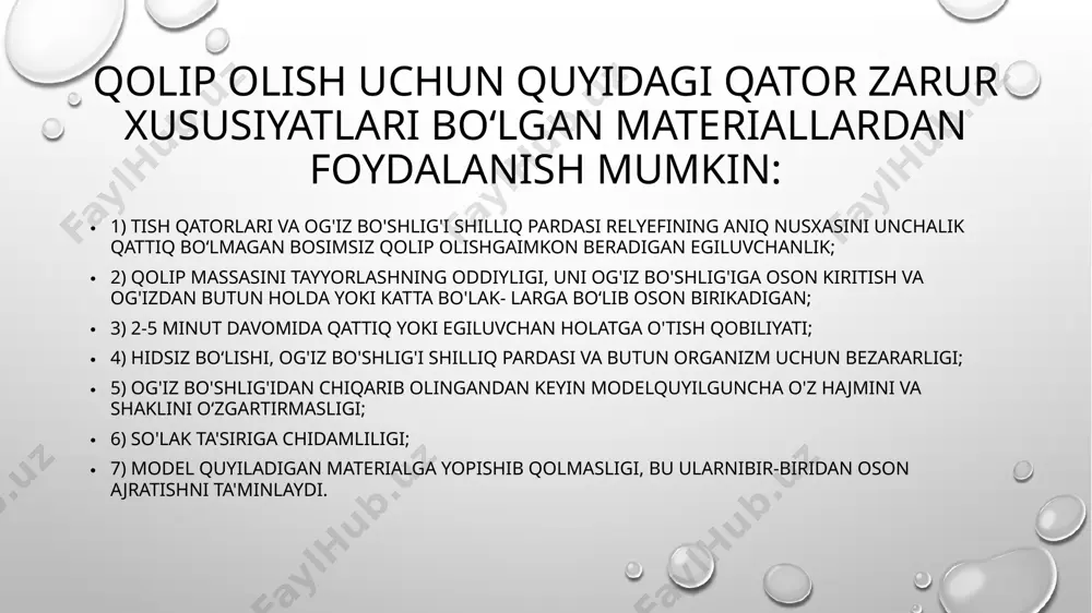 y massadan 3-5 %) chiziqli polimerlar kondensatsiya yo'li bilan chatishib, «tikilgan» polimer hosil qiladi. massa qotadi va elastik bo'lib qoladi. sielast. bu preparat xarkovdagi tibbiyot plastmassasi va stomatologik materiallar zavodida ishlab chiqarilgan. preparat sanoatda pasta va suyuq katalizatorlar holida ishlab chiqariladi. asosiy komponentdan tashqari, pasta to'ldiruvchilar, rang beruvchilar, hid va ta'm beruvchi moddalarni o'z ichiga oladi. pastani katali- zatorlar bilan qorishtirilganda massa 2-5 minutdan keyin qotadi. sielast bilan olingan qolip issiqqa chidamli va modelni faqatgina gipsdan emas, balki yengil eruvchan metalldan ham quysa boʻladi. sielastning qayishqoqlik xossalarini vazelin moyini plastifikatsiya qilish yo'li bilan tartibga solsa bo'ladi. protez oʻrni to'qimalaridan bosimsiz qolip olish kerak bo'lgan hollarda plastifikatsiyaga zaruriyat tug'iladi. zavod «sielast-3 ishlab chiqarishni tashkil etgan boʻlib, bu ikki qavatli qolip (nusxa) olishga imkon beradi: asosi qattiqroq boʻlgan massadan tayyorlanadi, undan keyin esa, nusxaning ayrim joylarini aniqroq chiqarish uchun elastikroq materialdan uning ikkinchi qavati olinadi. yig'ma ikkita pastadan (quyuq va suyuqroq) va …