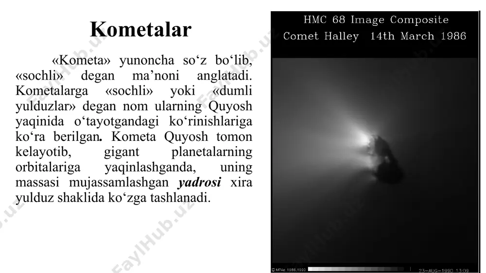 arning ko‘rsatishicha, yerga urilish paytida ularning o‘rtacha tezligi sekundiga 200-300 metrni tashkil qiladi. savol va topshiriqlar: «dumli yulduz»lar haqiqatan ham yulduzmi? birinchi davriy kometa kim tomonidan va qanday aniqlangan? kometa dumining quyoshdan teskari tomonga cho‘zilishining sababi nimada? kometalar yadrosi nimadan tarkib topgan? dumi-chi? galley kometasi haqida nimalar bilasiz? «uchar yulduz»lar bilan parchalanib tugagan kometalar orasida qanday bog‘lanish bor? bolidlar qanday hodisa va u nimadan darak beradi? meteoritlar qanday jinslardan tashkil topadi? aqsh ning arizona shtatidagi meteorit krateri haqida nimalar bilasiz? tungus meteoriti haqida bilganlaringizni bayon qiling. rasmli keys bu mavzuda chalkash tushunchalar ko’pligi bois bu rasmli keys o’quvchilarga tushunchalarni farqlashga yordam beradi. bu rasmli keysni bajarish chog’ida o’quvchi osmon jismlarining ko’rinishi, o’lchami va joylashuviga qarab nomini topadi va alohida sfatlarini yozadi. image1.png image2.png image3.png image4.png image5.png image6.jpg image7.png image8.jpg image9.png image10.jpeg image11.png image12.png image13.png image14.png image15.png image16.png image17.png image18.png image19.png image20.png image21.png image22.png image23.png /docprops/thumbnail.jpeg