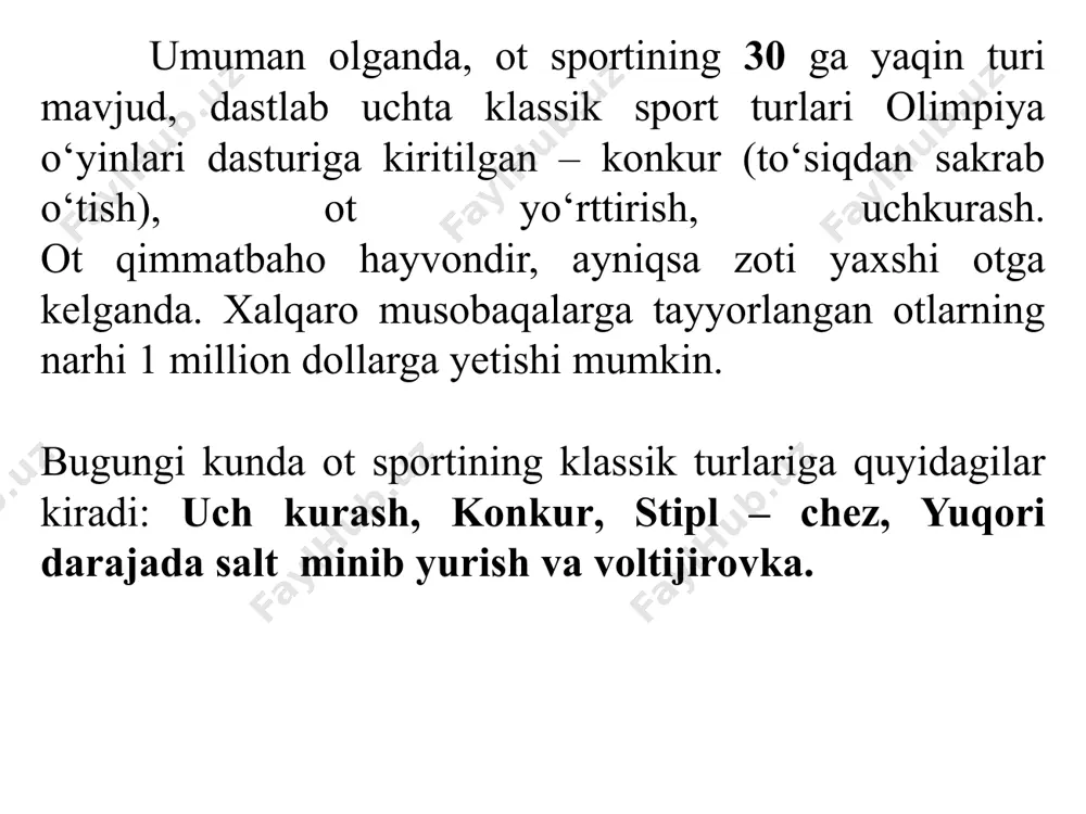 qalari uchun ot yetishtirishda sof qonli angliya salt miniluvchi zotidan tashqari ularning duragaylaridan ham keng foydalanish tavsiya etiladi. arab, axaltaka va ularning sof qonli angliya salt miniluvchi zotidan bo‘lgan duragaylari konkur o‘yinlari talabiga to‘liq javob beradi. voltijirovka - ot ustida gimnastik mashqlarni bajarish voltijirovka - ot ustida gimnastik mashqlarni bajarish e’tiboringiz uchun raxmat!!! image1.png media1.mp4 image2.png image3.png image4.png image5.png media2.mp4 image6.png image7.png image8.png image9.png image10.png image11.png media3.mp4 image12.png media4.mp4 image13.png media5.mp4 image14.png image15.jpeg image16.jpeg ot sporti /docprops/thumbnail.jpeg