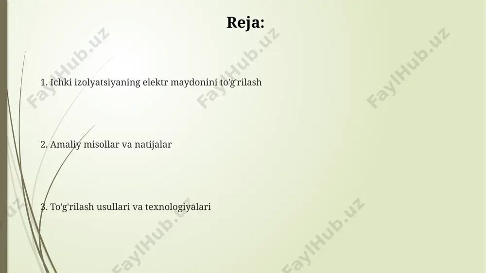 iyaning degradatsiyasini tezlashtiradi. o'tkazilgan xatoliklar (masalan, 0,5 mm dan katta bo'lgan bo'shliqlar) elektr maydonini buzib, kuchlanishni 30% gacha oshirishi mumkin. rentgen nurlari yordamida bu nuqsonlar aniqlanadi. muammolarni aniqlash va baholash ichki izolyatsiyaning elektr maydonini to'g'rilash kondensatorlarda ichki izolyatsiyaning elektr maydonini to'g'rilash uchun gradientli dielektrik materiallardan foydalanish mumkin, bu esa stressni teng taqsimlaydi va potentsial buzilish joylarida maksimal maydon kuchlanishini 10-20% kamaytiradi. ma'lumot ma'lumot to'g'rilash usullari to'g'rilash usullari kondensator qoplamalarini qo'llash - elektr maydonini tekislashning samarali usuli hisoblanadi. bu usul yuqori kuchlanishli uskunalar uchun muhim, bunda qoplamalarning soni 3 dan 5 tagacha bo'lishi mumkin. qatlamli izolyatsiya tizimi, ya’ni bir nechta izolyatsiya qatlamlaridan foydalanish elektr maydon taqsimotini yaxshilaydi. har bir qatlamning qalinligi 0.5 mm dan 2 mm gacha bo'lishi mumkin. simulyatsiya va tahlil simulyatsiya va tahlil izolyatsiyaning turli xil geometriyalarini 2d yoki 3d formatda modellashtirishga imkon beradi. bu esa, yuqori kuchlanish sohalarini aniqlashga va izolyatsiya dizaynini takomillashtirish orqali izolyatsiyaning ishlash muddatini 10-20% …