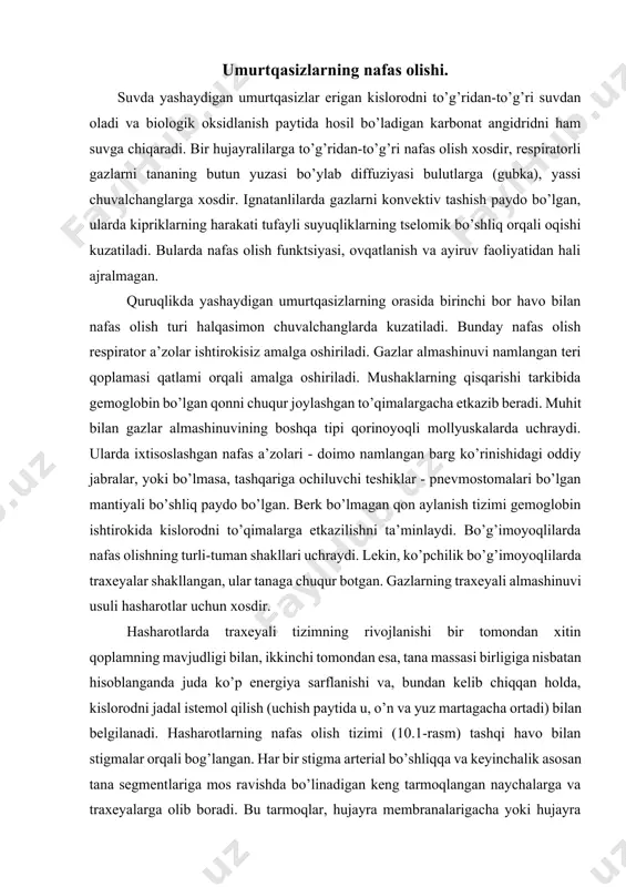 an kelib chiqqan holda, kislorodni jadal istemol qilish (uchish paytida u, o’n va yuz martagacha ortadi) bilan belgilanadi. hasharotlarning nafas olish tizimi (10.1-rasm) tashqi havo bilan stigmalar orqali bog’langan. har bir stigma arterial bo’shliqqa va keyinchalik asosan tana segmentlariga mos ravishda bo’linadigan keng tarmoqlangan naychalarga va traxeyalarga olib boradi. bu tarmoqlar, hujayra membranalarigacha yoki hujayra ichidagi mitoxondriyalargacha kirib boradigan, tor kalta traxeolalar bilan tugaydi. traxeyali nafas olishning asosiy mexanizmi - gazlarning diffuziyasi bo’lib, u, hujayra va atmosfera o’rtasidagi partsial bosimning farqi tufayli ushlab turiladi. undan tashqari, respiratorli gazlarning transporti, xattoki doimiy bo’lmasa ham, konvektiv oqimlar bilan ta’minlanadi. traxeyalarda havoning harakati tananing ritmik qisqarishlari bilan chaqiriladi, ular hasharotlar asab tizimining bir qator gangliyalarida joylashgan markazlar tomonidan boshqariladi. uchish paytidagi ko’krak qafasi hajmining ritmik o’zgarishlari ham traxeya tizimining ventilyatsiyasiga yordam beradi. undan tashqari, nafas olish to’qimalari kislorodga bo’lgan ehtiyojiga qarab, stigmalarni yopilishiga bog’liq holda, hamda traxeyalar uchini faol va ular tarkibidagi suyuqliklarni …