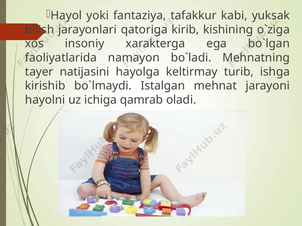 iyoriy ravishda yuzaga keltirilgan, lekin hayot bilan, real hayotdagi faollikka olib kelmaydigan passiv xayol turi shirin xayol deb ataladi. qandaydir quvonchli, yoqimli narsalar haqida shirin xayollarga berilish hammaga xos. passiv xayol ixtiyorsiz ravishda ham yuzaga kelishi mumkin. xayolning bu turi asosan ong faoliyatining, ikkinchi signallar tizimining susayishida, odamning vaqtinchalik harakatsizlik holatida, uyqisirash holatida, affekt holatida, uyqida (tush ko’rish), ongning kasallikka uchrab buzilishida (gallyutsinatsiyada) va shu kabilarda sodir bo’ladi. passiv xayolning aksi bo’lgan aktiv xayol ijodiy va qayta tiklovchi xayol turlariga bo’linadi. ma’lum bir asosga, yozuvlarga, chizmalarga asoslanib ularga muvofiq keladigan obrazlar tizimini yaratuvchi xayol qayta tiklovchi xayol deyiladi. ijodiy xayol qayta tiklovchi xayoldan farq qilgan holda, orginal va qimmatli moddiy mahsulotlarda amalga oshiriladigan yangi obrazlarni yaratish. xayol (fantaziya) obrazlari qanday yaratiladi? xayol jarayonlari ham idrok, xotira, tafakkur kabi analitik va sintetik xarakterga ega. analiz idrok va xotiradek ob’ektning ayrim umumiy belgilarini ajratish va saqlash hamda muhim bo’lmagan belgilardan chetlashish imkoniyatini …