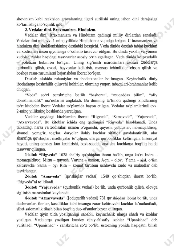 i bekamu-ko„st bajarishi qattiq nazorat qilinadi. yaxudiylarning bayramlari ichida eng e‟tiborlisi pesah (pasxa) bayrami bo„lib, yahudiylarning misrdagi qullikdan qutilib chiqqanliklarini nishonlashga bag„ishlab o„tkaziladi. shabuot bayrami esa sinay tog„ida muso alayhissalomga yaxve tomonidan toraning berilishini nishonlab o„tkaziladigan bayram. sentyabr oxiri oktyabr oyining boshlarida yangi yil bayrami – rosh – ashona bayrami nishonlanadi. poklanish bayrami yom-kipur deyiladi. baxorda yahudiylarning fors podshohi homon zulmidan qutilganliklari sharafiga bag„ishlab purim bayrami o„tkaziladi. yahudiylik dinida saduqiylar, farziylar, esseylar, sionizm kabi oqimlar bor. jumladan, sionizm qadimgi yahudiya poytaxti iyerusalim (quddus) yaqinidagi sion (sinay) tepaliklarining biri nomidan olingan bo„lib, dastlab bu oqimning maqsadi butun dunyoga tarqalib ketgan yahudiylarni bir yerga to„plab yagona yahudiylar davlatini qayta barpo etish bo„lgan. keyinchalik bu oqim yahudiylarning reaktsion- millatchilik, shovinistik mafkurasiga aylantirib yuborilgan. xozirda sionizm “jahon yahudiy millati” - “oliy millat” degan reaktsion g„oyani ilgari surib kelmoqda. iudaizm diniga e‟tiqod qiluvchilar 18 millionga yaqin bo„lib, ularning uchdan bir qismi aqshdadir. shunday qilib, iudaizm …