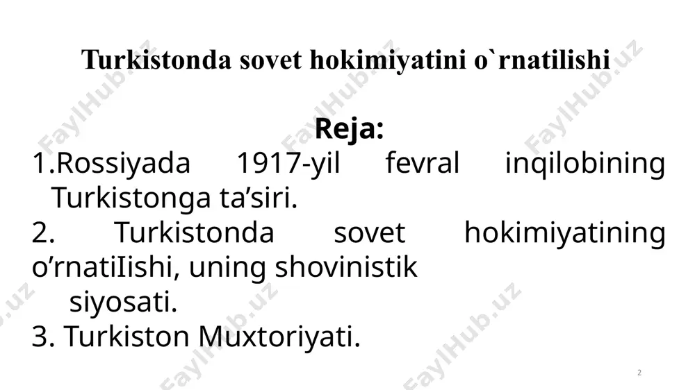 ndovchi turli tashilotlar yuzaga keldi mahalli tashkilotlar sho`roiy islomiya 1917-yil 14 mart toshkent sho`roiy ulamo 1917-yil 28 avgust qo`qon rayosat 15 kishi toshkent-qo`qon ulamolari kelisholmadi jadidlar faoliyati 16 – 23 aprel butunturkiston musulmonlarining i – qurultoyi 10 – 11 sentyabr butunturkiston musulmonlarining ii – qurultoyi 1 – 2 май butunrossiya musulmonlarining i-qurultoyi 21 – 31 iyul butunrossiya musulmonlarining ii-qurultoyi sho`roi islomiya, ulamo, «turon» birlashdi ittifoqi muslimin nomli partiya butunturkiston musulmonlarining i – qurultoyi federatsiya tuzish g`oyasi demokratik rossiya respublikasi butunturkiston musulmonlarining ii – qurultoyi turkiston, buxoro va xivadan delegatlar qatnashdi qaram musulmon xalqlarni davlat tuzilishi butunrossiya musulmonlarining ii-qurultoyi musulmon qo`shinlarni tuzish 260 ta delegat qatnashdi butunrossiya musulmonlarining i-qurultoyi 1917-yil 24 oktyabrda qurol kuchiga tayangan v.i. lenin boshchiligidagi bolsheviklar (kommunistlar) petrogradda davlat to`ntarilishini amalga oshirishga kirishdi. 25 oktyabrda bolsheviklar partiyasi zo`ravonlik bilan muvaqqat hukumatni ag`darib tashladi. oktyabr to`ntarilishi oktyabr to`ntarilishi oktyabr to`ntarishi haqidagi xabar 27 oktyabrda toshkentga yetib kelgan. bu xabarni …