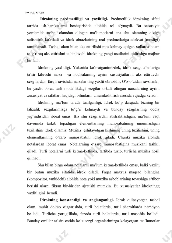 n muzika sifatida idrok qiladi. faqat maxsus maqsad bilangina (kompozitor, tankidchi) alohida nota yoki muzika asboblarining tovushiga e‘tibor berishi ularni fikran bir-biridan ajratishi mumkin. bu xususiyatlar idrokningg yaxlitligini beradi. idrokning konstantligi va anglanganligi. idrok qilinayotgan tashqi olam, muhit doimo o‘zgarishda, turli holatlarda, turli sharoitlarda namoyon bo‘ladi. turlicha yorug‘likda, fazoda turli holatlarda, turli masofda bo‘ladi. bunday omillar ta’siri ostida ko‘z sezgi organlarimizga kelayotgan ma’lumotlar turlicha bo‘ladi, ularni idrok qilish ham turlicha bo‘lishi kerak. ammo bizning pertseptiv (idrok qilish) tizimimiz bo‘layotgan o‘zgarishlarni to‘g‘rilash, tiklash qobiliyatiga ega. shu tufayli biz atrofimizdagi narsalarning shaklini, rangini katta-kichikliligini nisbatan o‘zgarmas (konstant) holda idrok qilamiz. idrokning bu xususiyati ko‘rish idroki misolida tushuntiriladi. narsaning uzoq-yaqinligiga qarab uning ko‘z to‘r pardasidagi tasviri ham katta yoki kichik bo‘ladi. biz uzoqdagi narsani kichik, yakindagisini katta deb idrok kilamiz. agar bir qo‘limizni uzoqqa cho‘zib, ikkinchisini ko‘zga yaqin ushlab tursak ham biz ikkala qo‘limizni, barmoqlarimizni kattargan yoki kichraygan holda emas, balki uzoq yoki …